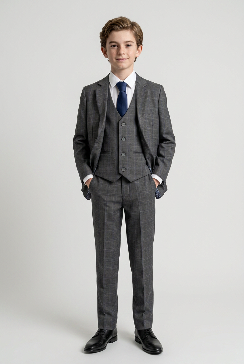 Boys Formal Wear Check Suit Wedding Windowpane 5 Piece Set in Dark Grey Model Front Picture