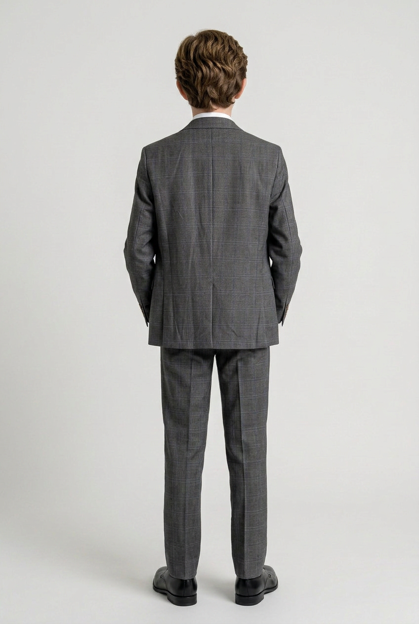 Boys Formal Wear Check Suit Wedding Windowpane 5 Piece Set in Dark Grey