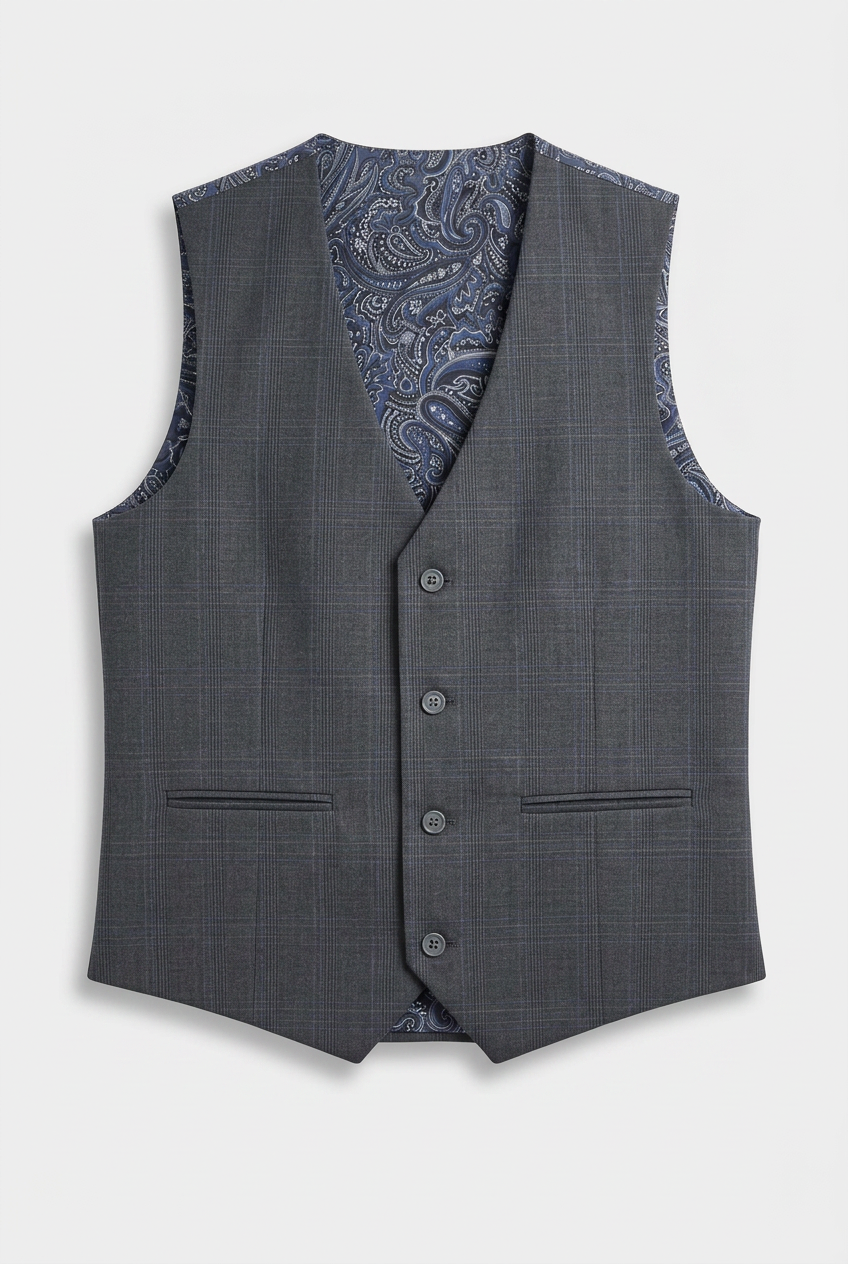 Boys Formal Wear Check Suit Wedding Windowpane 5 Piece Set in Dark Grey Waistcoat Front Picture