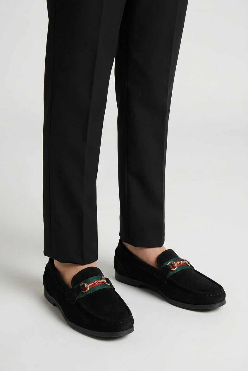 Boys Genuine Suede Gold Buckle Loafer Shoes  - Black