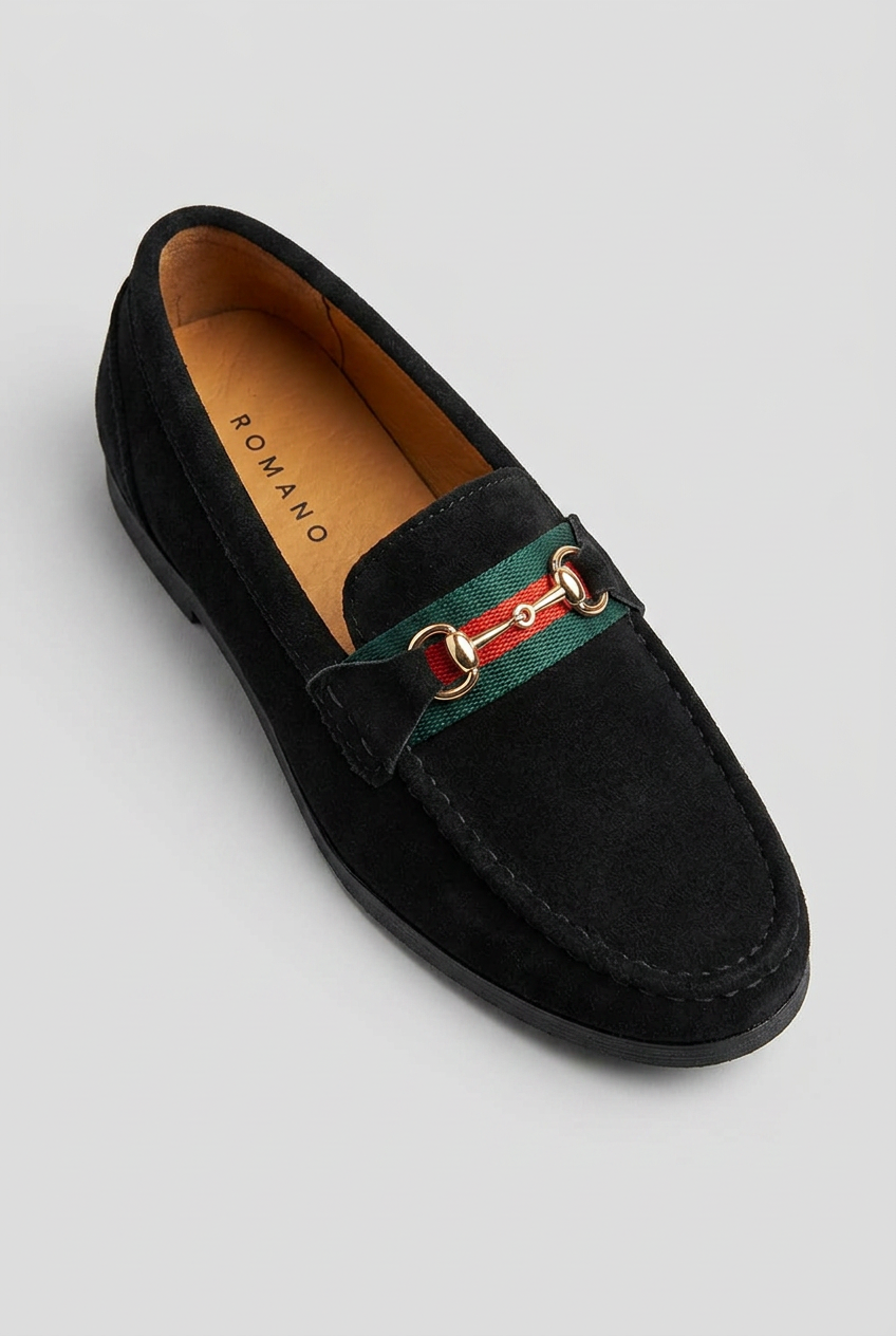 Boys Genuine Suede Gold Buckle Loafer Shoes  - Black