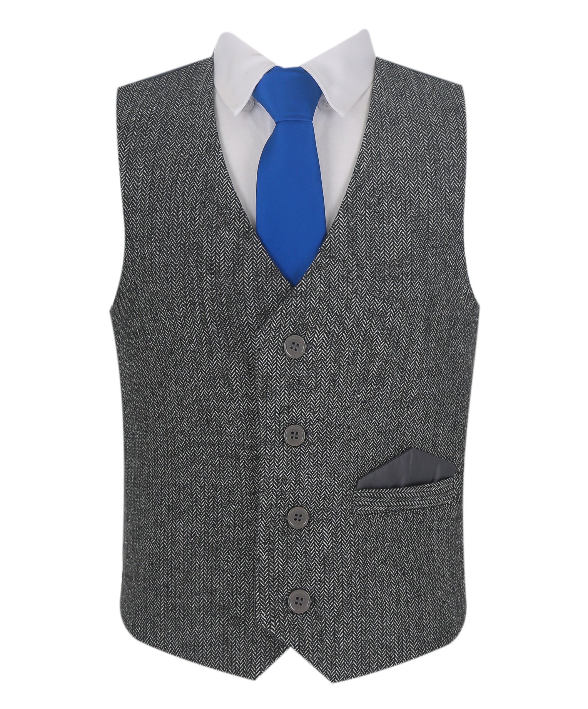 Boys Herringbone Tweed Waistcoat Suit Set - Dark Grey Front Picture with Accessories