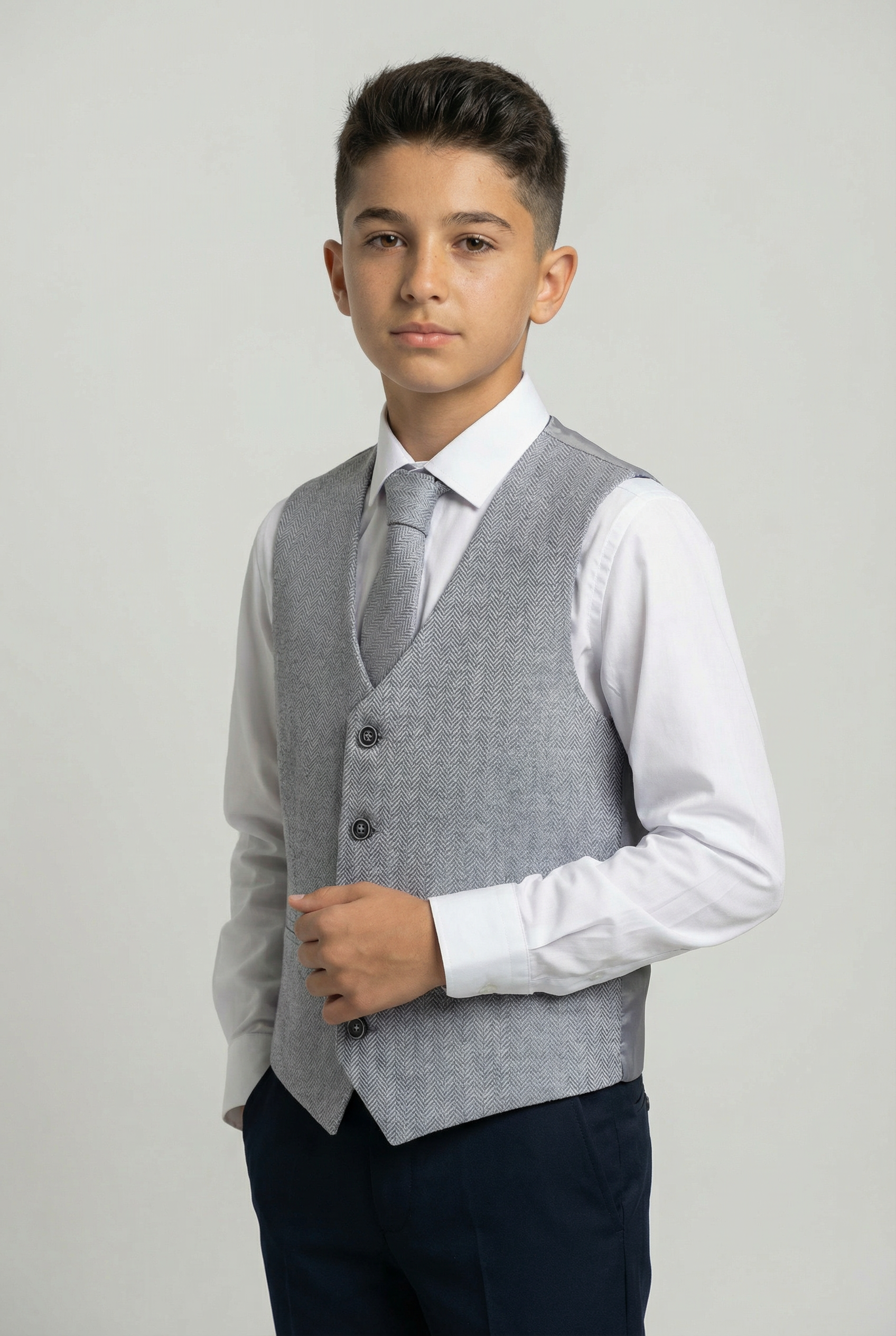 Boys Herringbone Waistcoat Set - Grey
