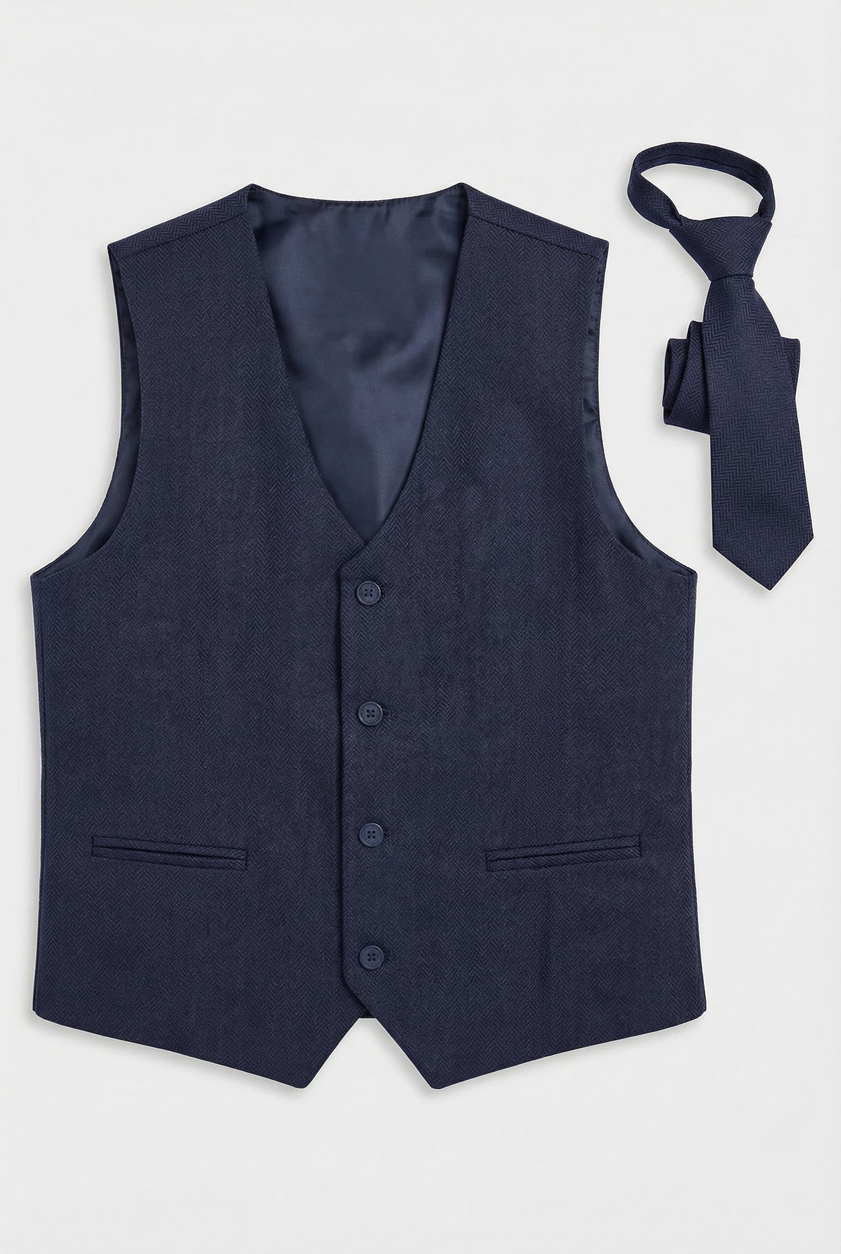 Boys Herringbone Waistcoat Set - Navy Blue