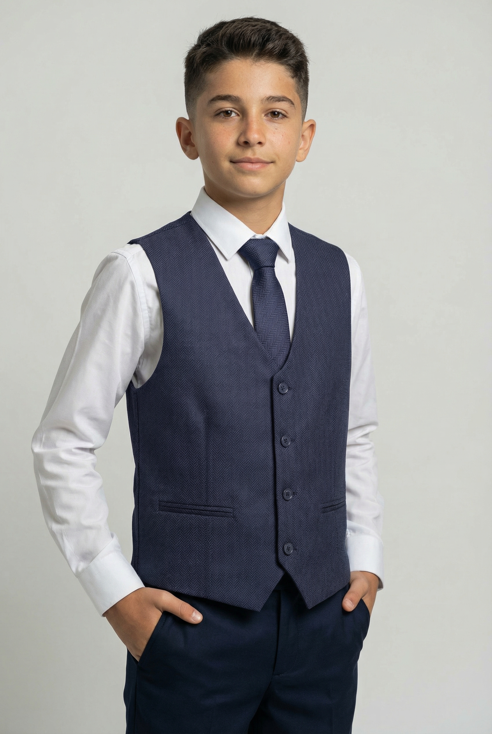 Boys Herringbone Waistcoat Set - Navy Blue