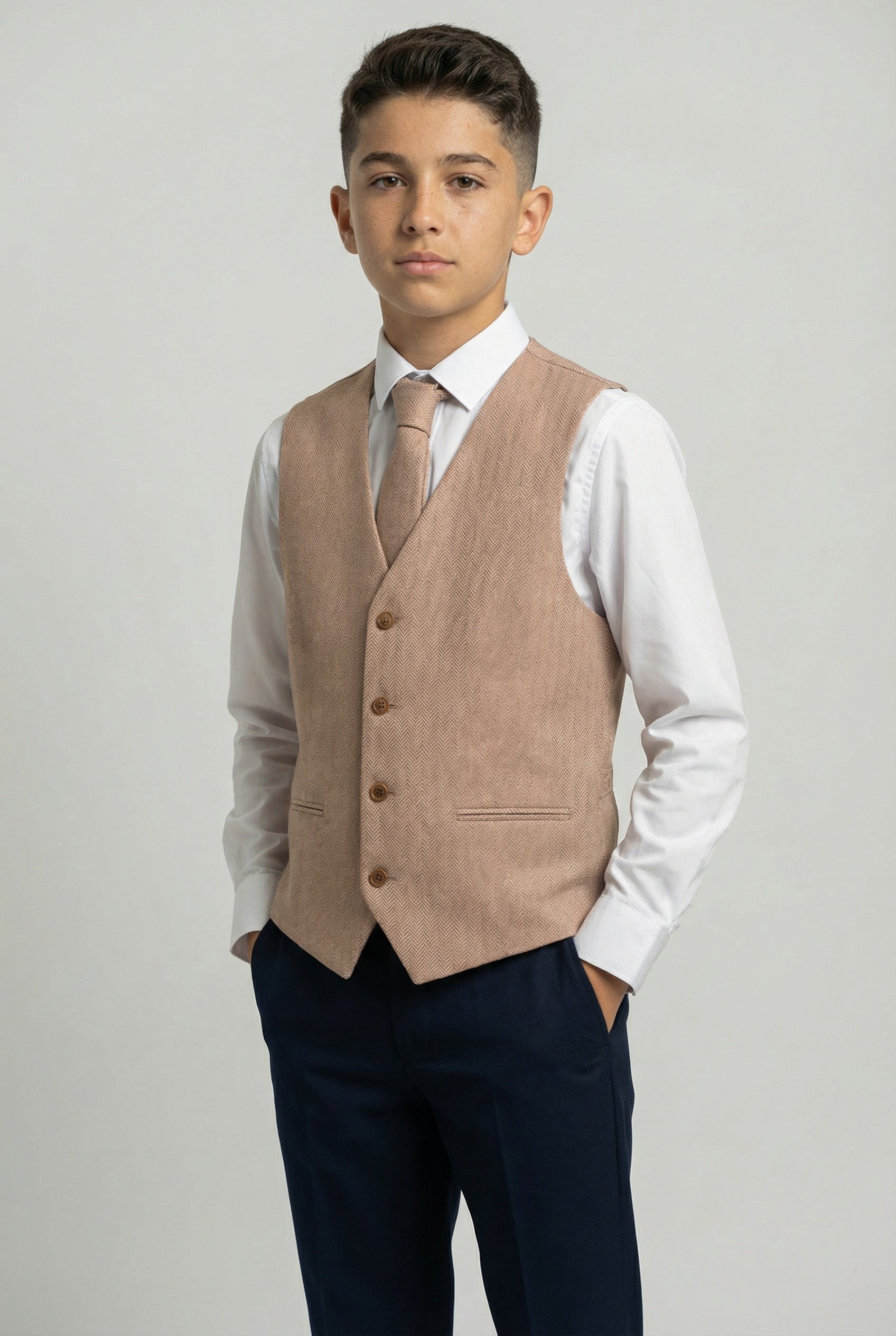 Boys Herringbone Waistcoat Set - Tan Brown