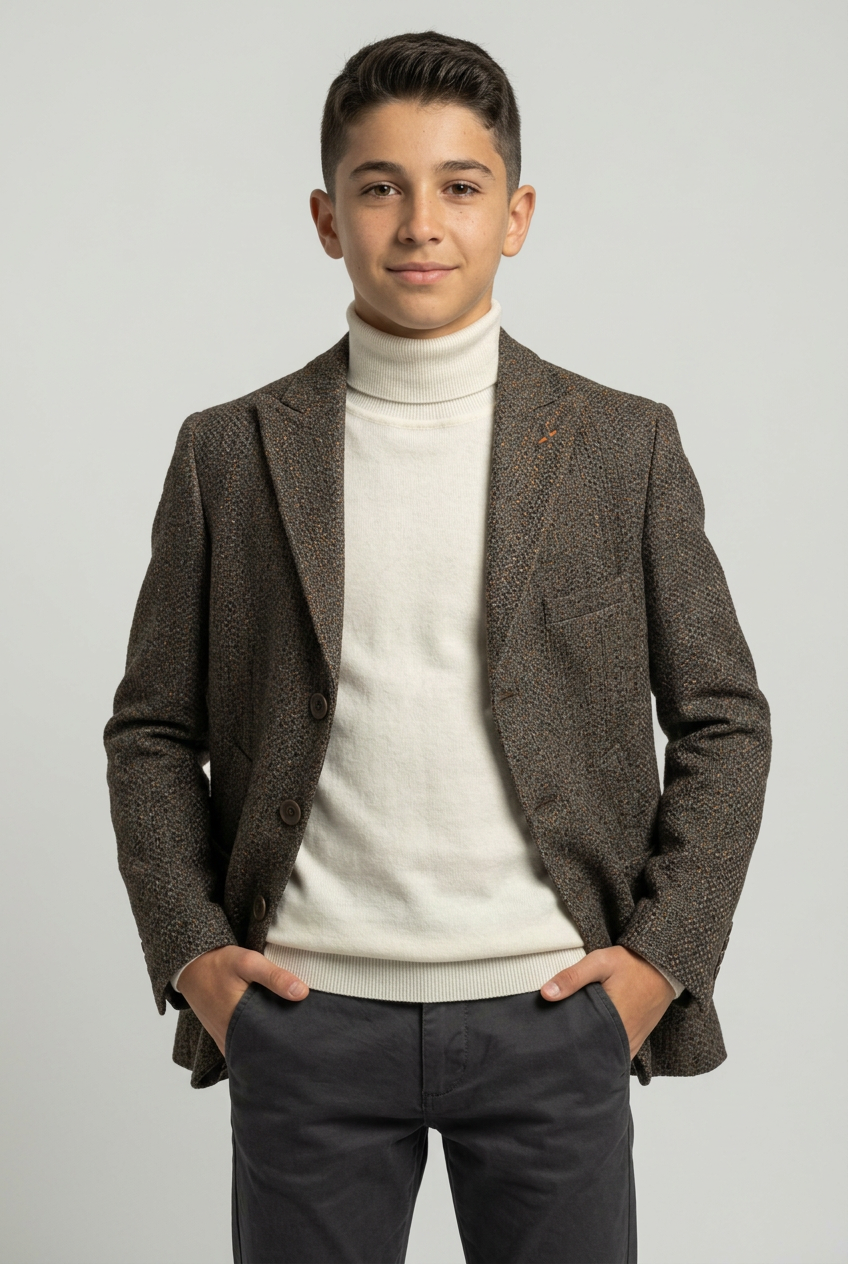 Boys Khaki Textured Tweed Blazer