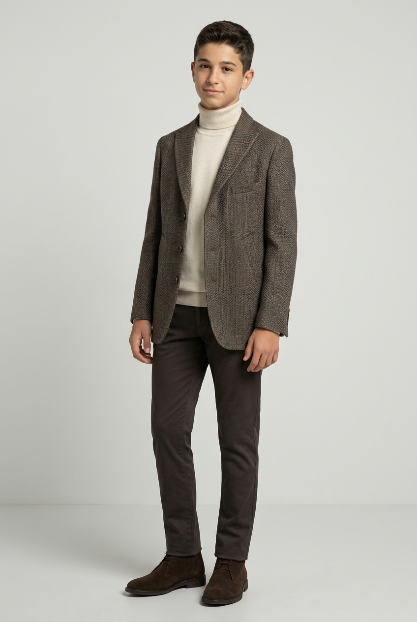 Boys Khaki Textured Tweed Blazer