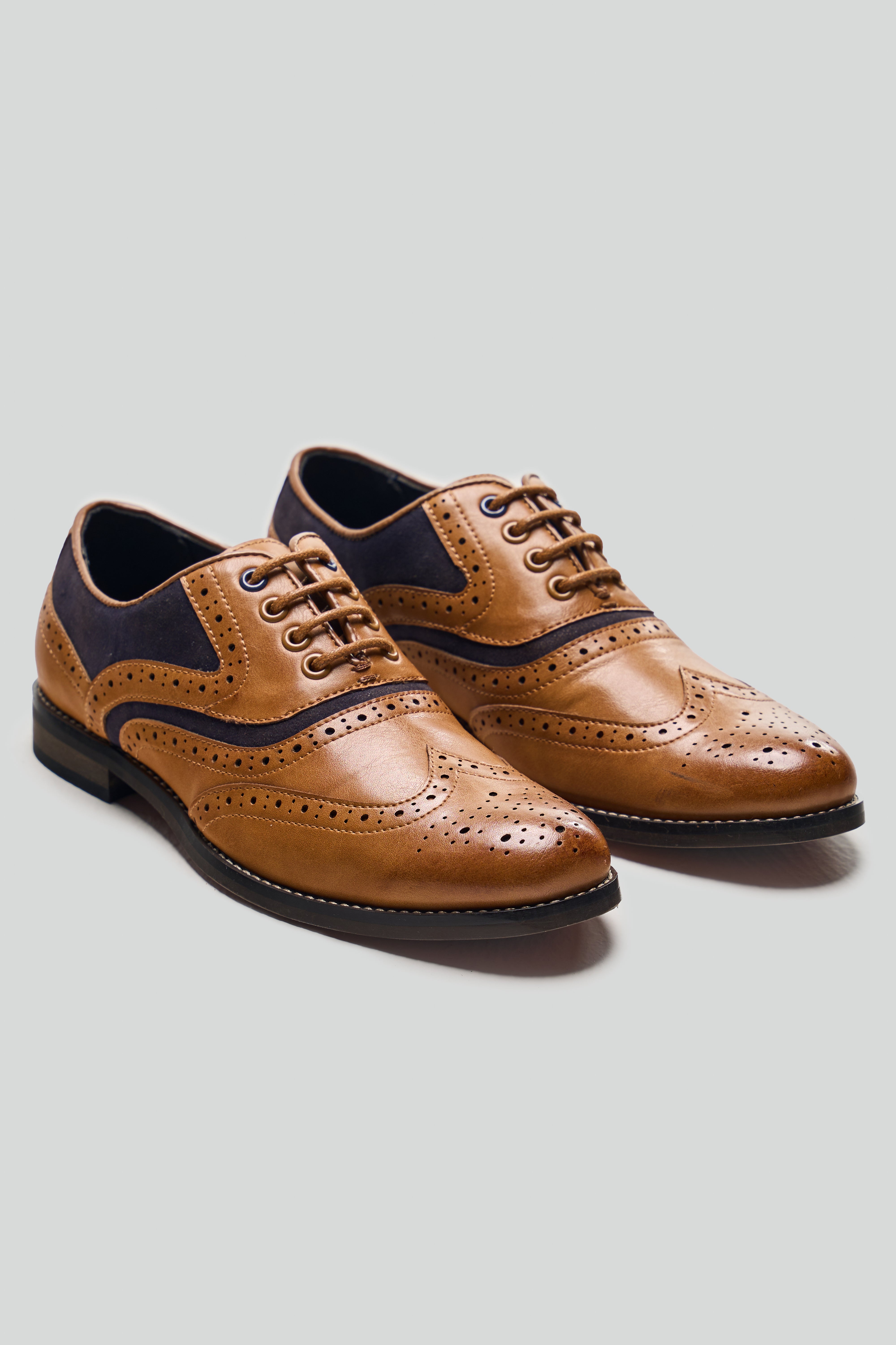 Boys Lace Up Oxford Brogue shoes - RUSSEL - Tan Brown - Navy Blue Pair Side Picture