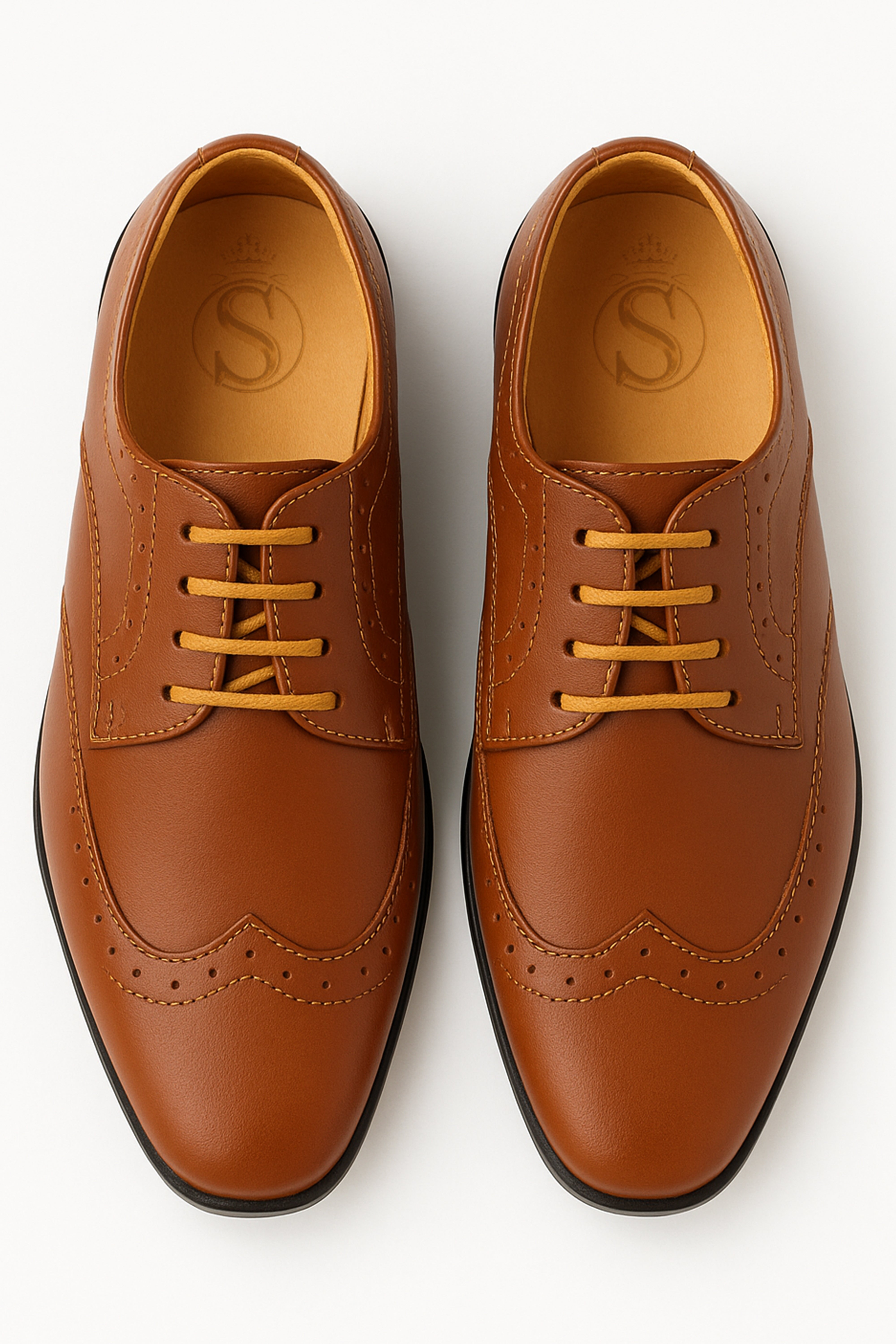 Boys Lace Up Wingtip Brogue Shoes - Tan Brown Front Picture