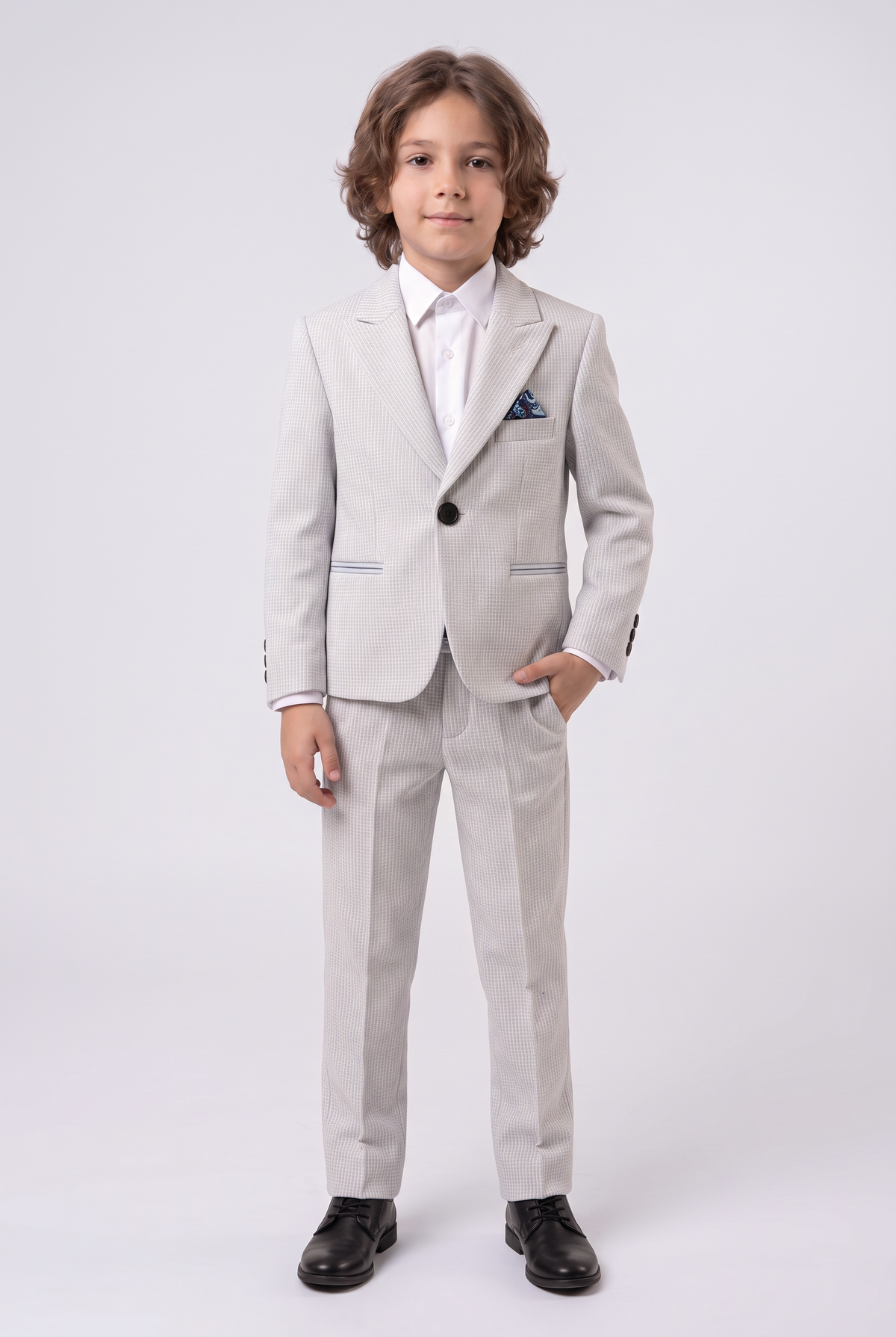 Boys Light Blue 2-Piece Mini Tweed Houndstooth Suit - ORME Model Front Picture