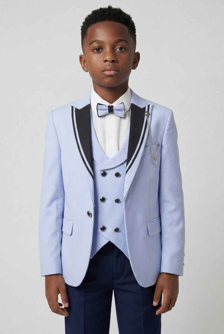 Boys Light Blue 6-Piece Tuxedo Suit Set with Black Contrast Lapels