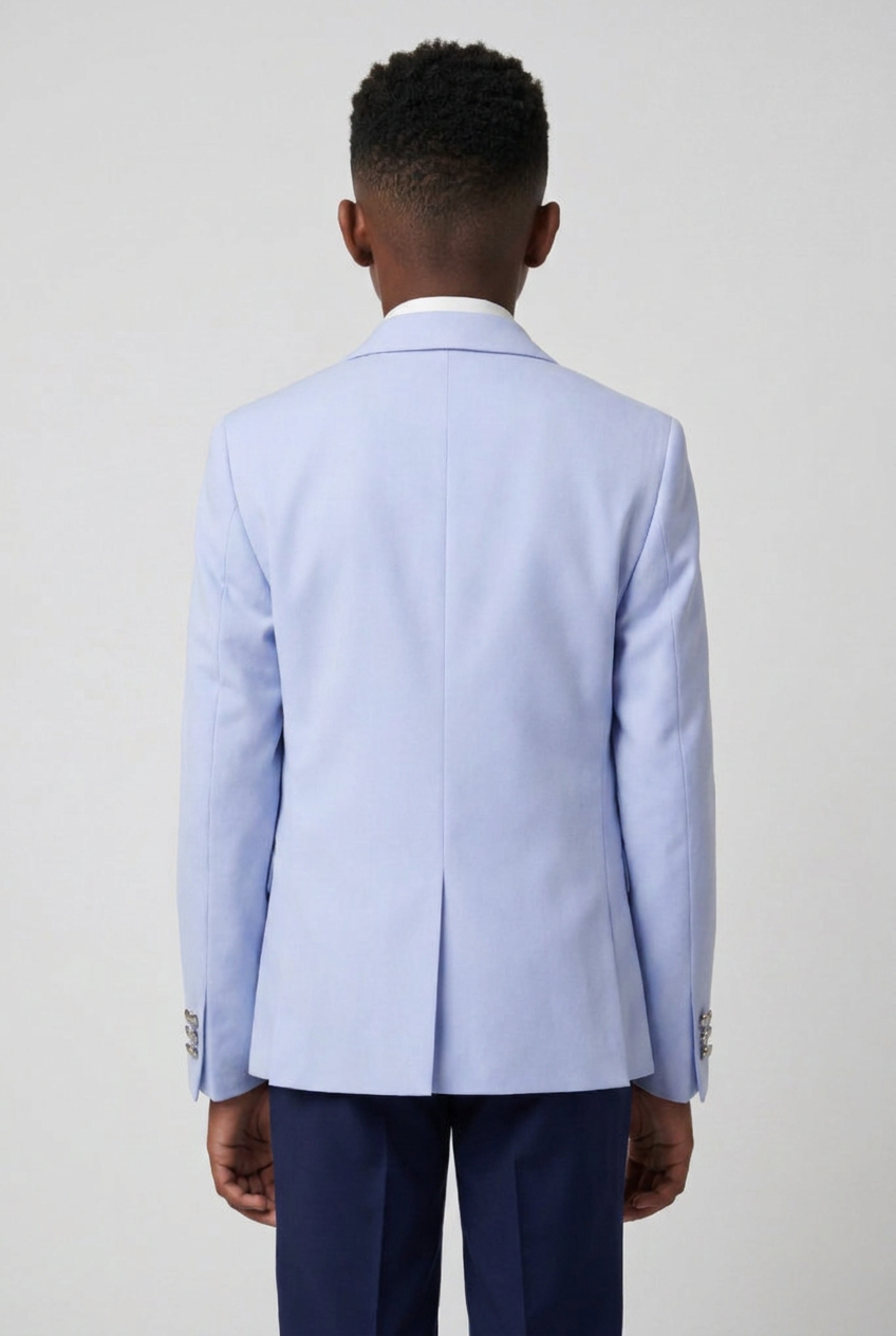 Boys Light Blue 6-Piece Tuxedo Suit Set with Black Contrast Lapels