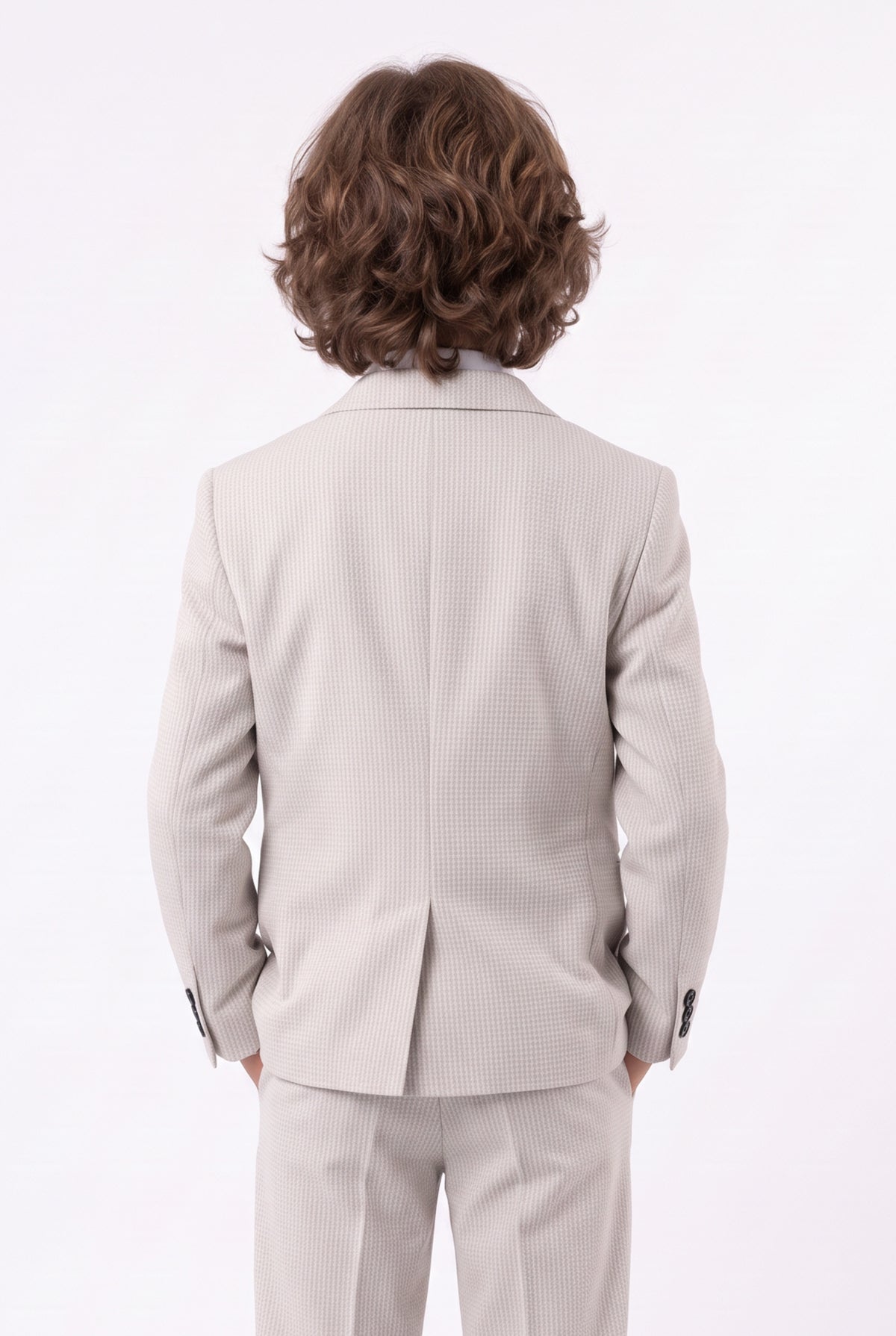 Boys Light Grey 2-Piece Mini Tweed Houndstooth Suit - ORME Model Back Picture