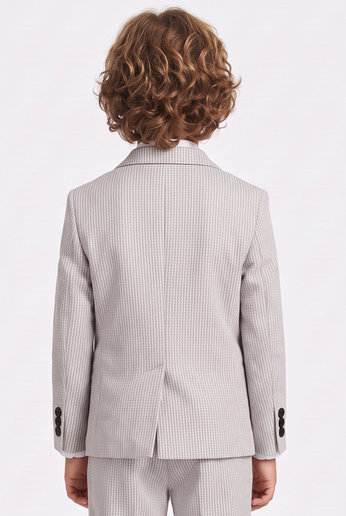Boys Light Grey and Purple 2-Piece Mini Tweed Houndstooth Suit - ORME Model Back Picture