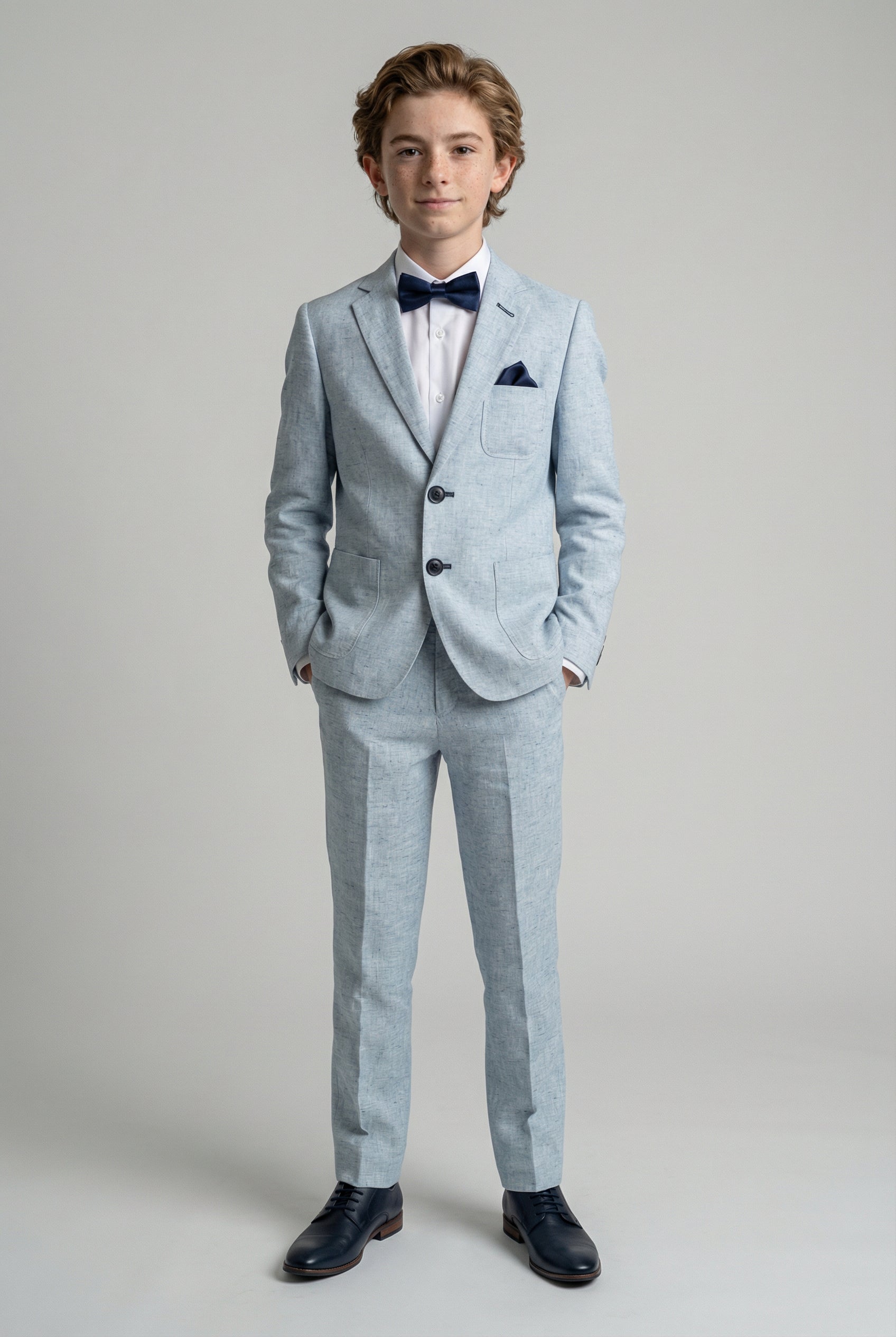 Boys Linen Suit with Elbow Patches - Pale Blue