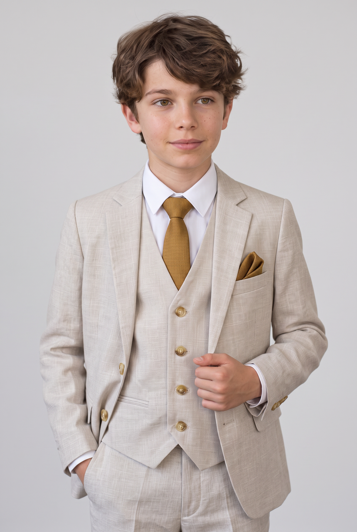 Boy wearing beige three-piece suit with gold tie