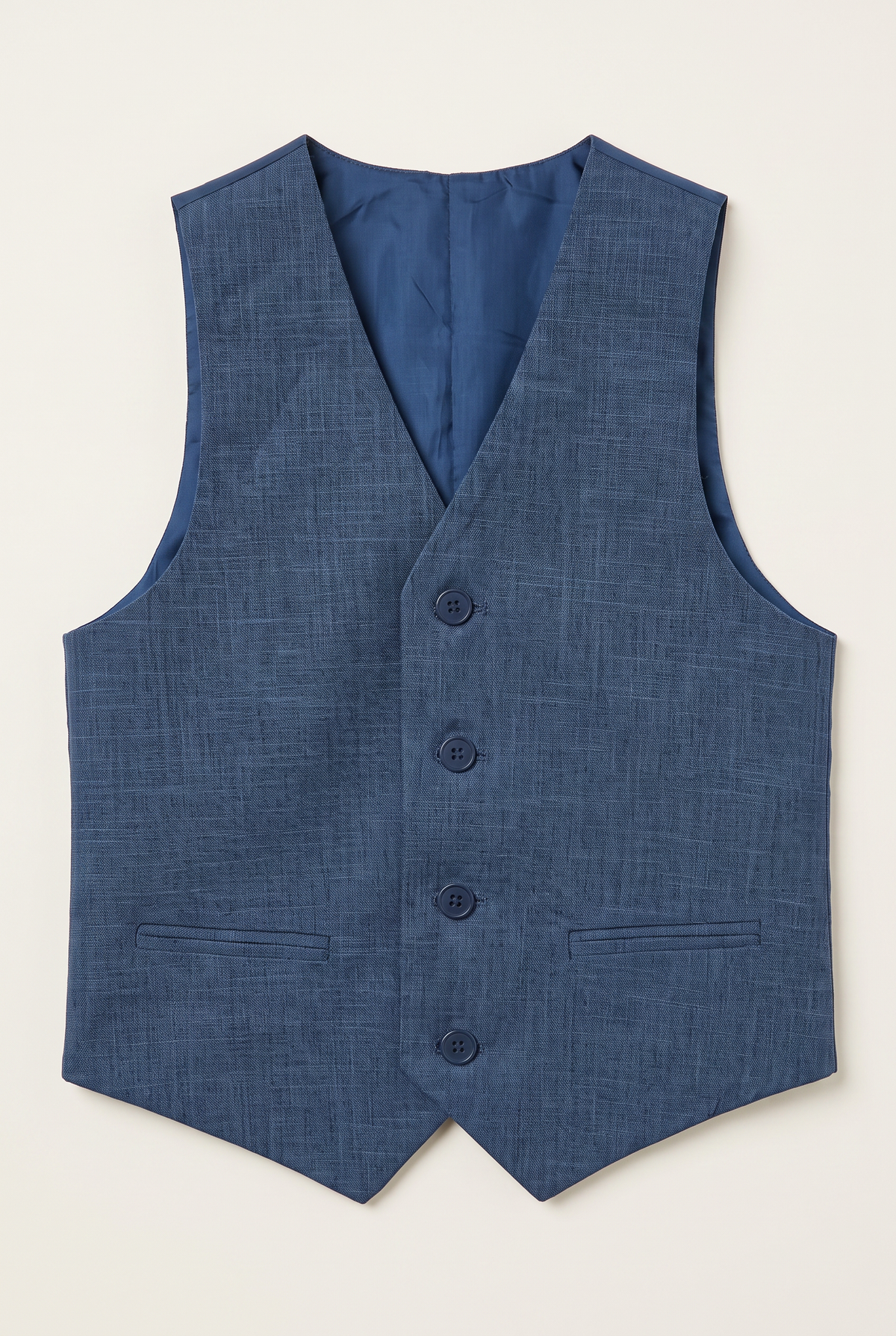 Front view of navy textured suit waistcoat for boys
