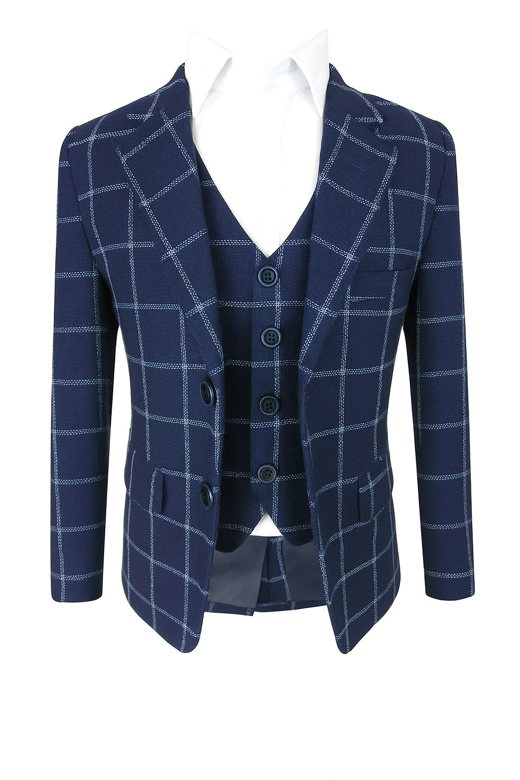 Boys Navy Checkered Blazer & Vest Set – Formal 2-Piece Suit