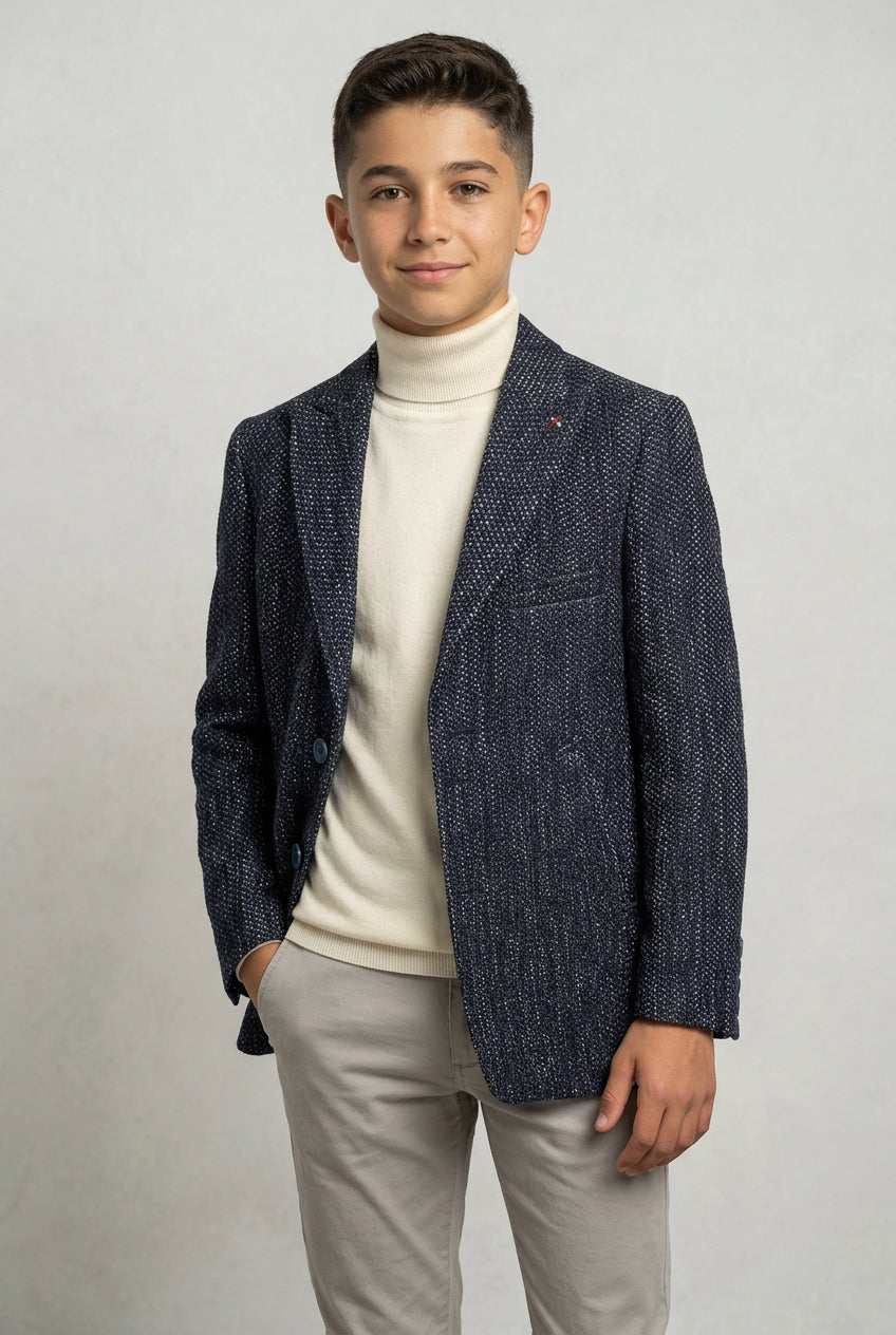 Boys Navy Grey Textured Tweed Blazer