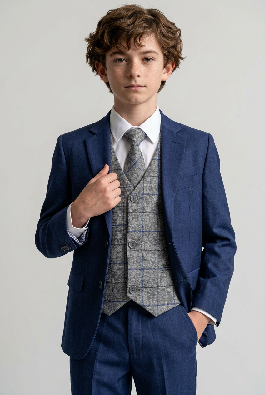 Boys Navy Suit with Grey Checked Waistcoat and Tie