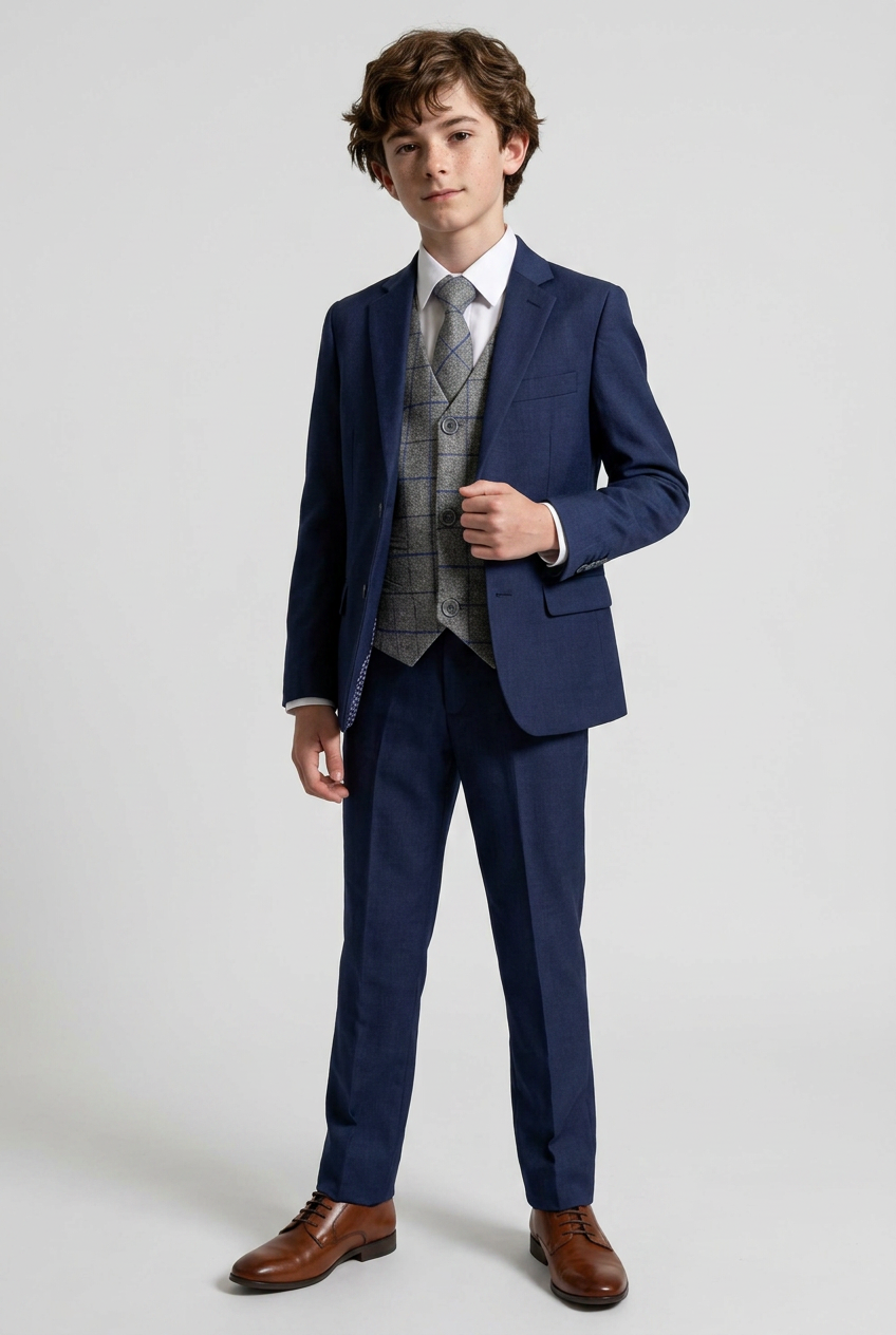 Boys Navy Suit with Grey Checked Waistcoat and Tie