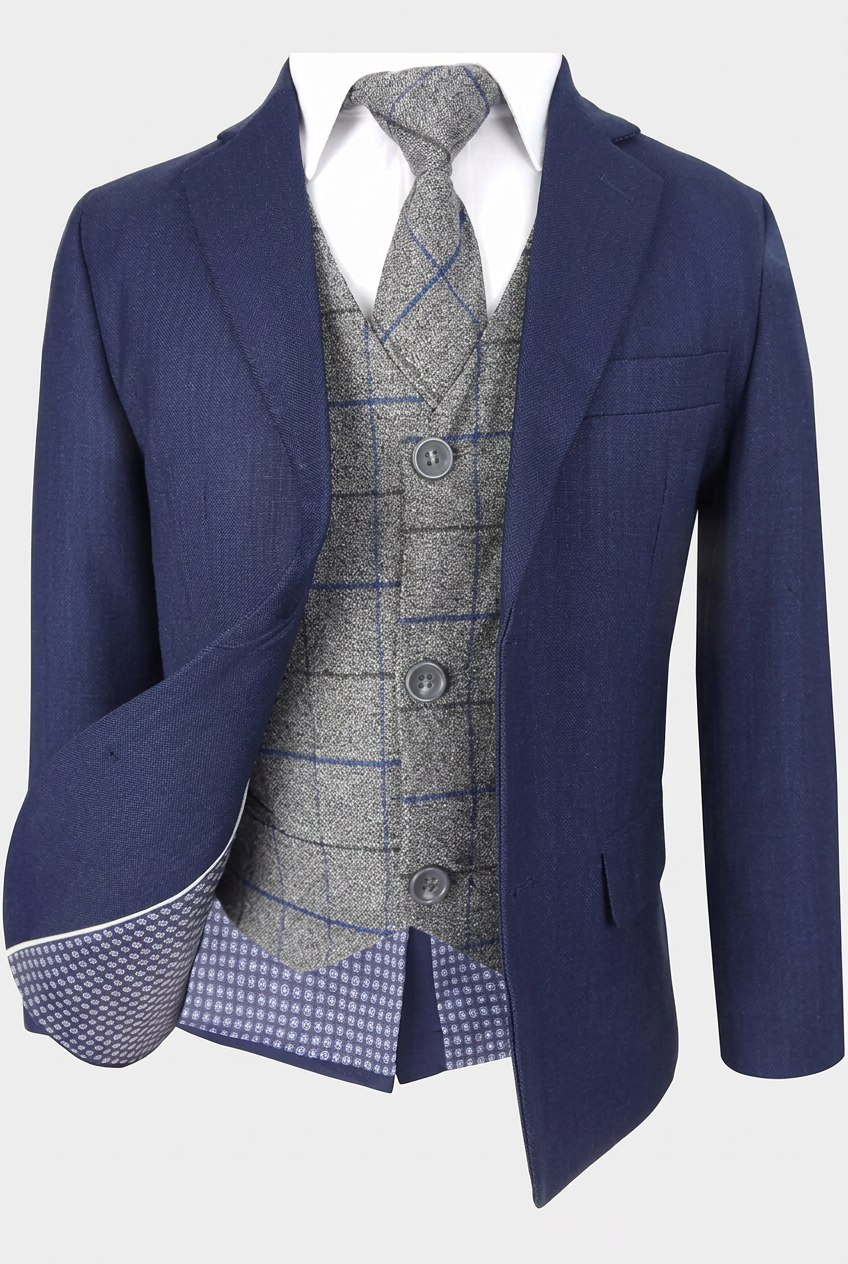 Boys Navy Suit with Grey Checked Waistcoat and Tie