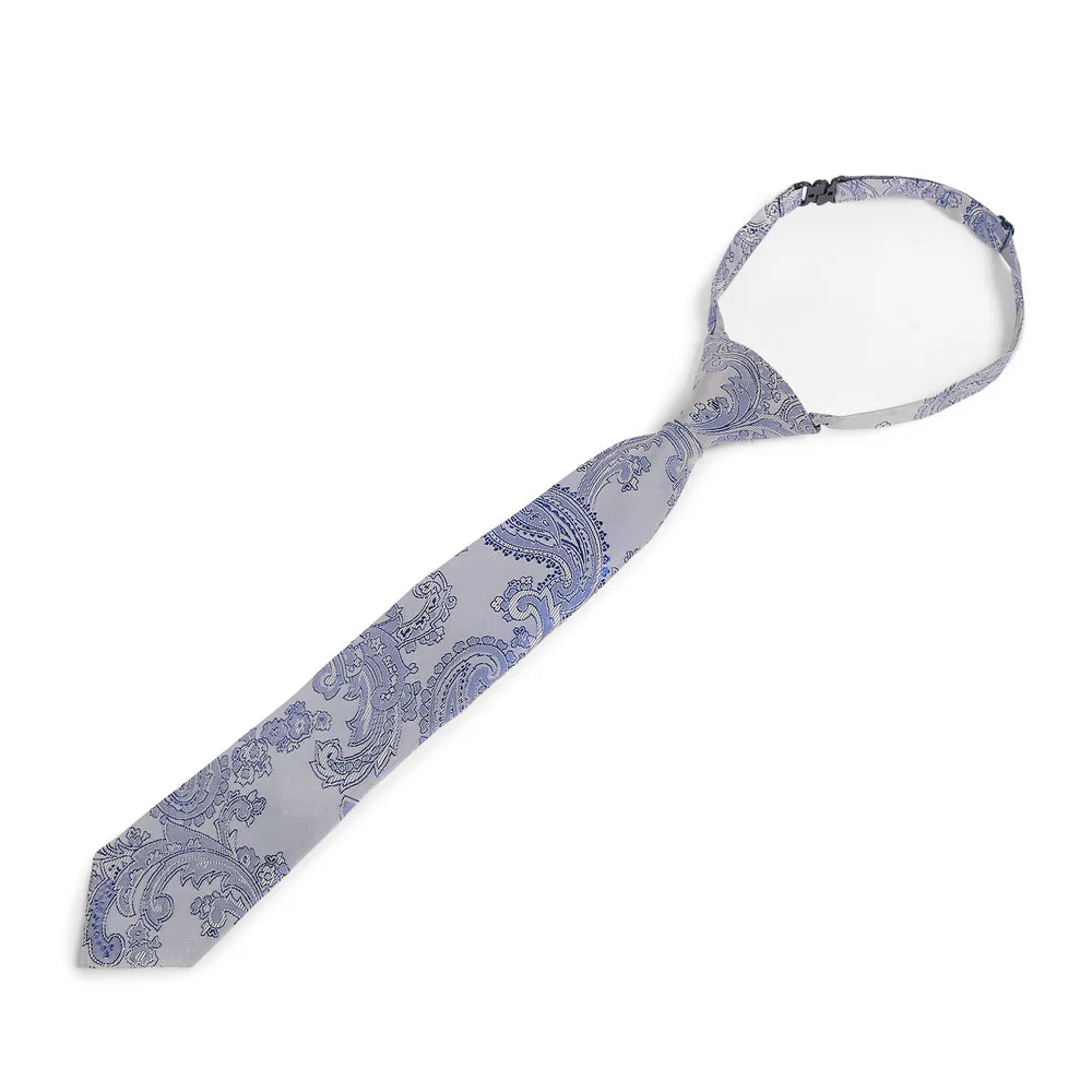 Boys Paisley Jacquard Pre-Tied Tie with Adjustable Clip Neck Strap - Silver and Blue
