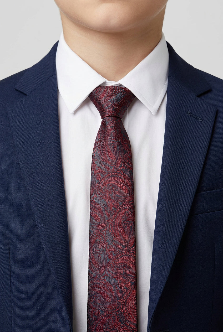 Boys Paisley Jacquard Slim Tie - Burgundy