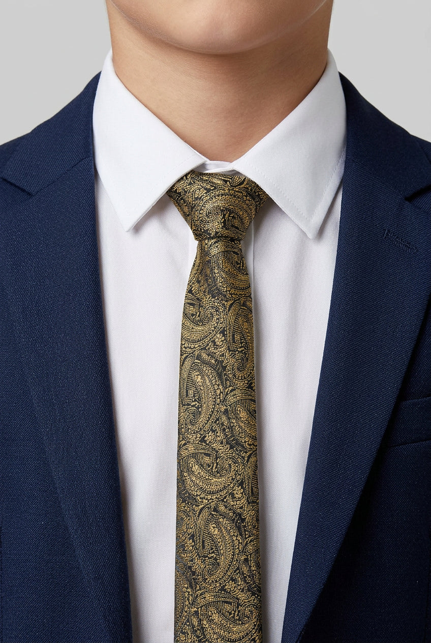 Boys Paisley Jacquard Slim Tie - Gold