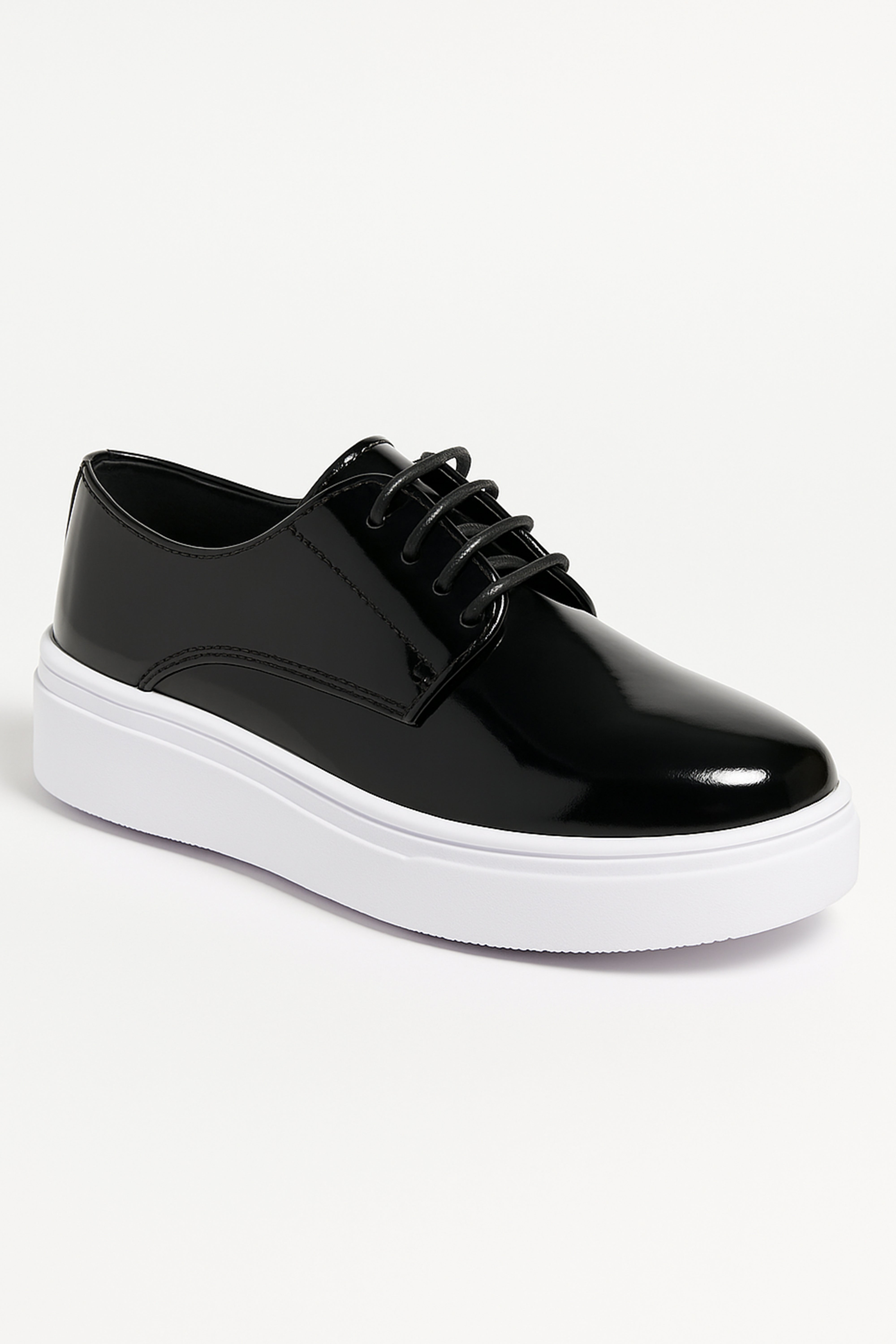 Boys Patent Black Lace-up Sneaker with White Thick Sole - Black Side Picture