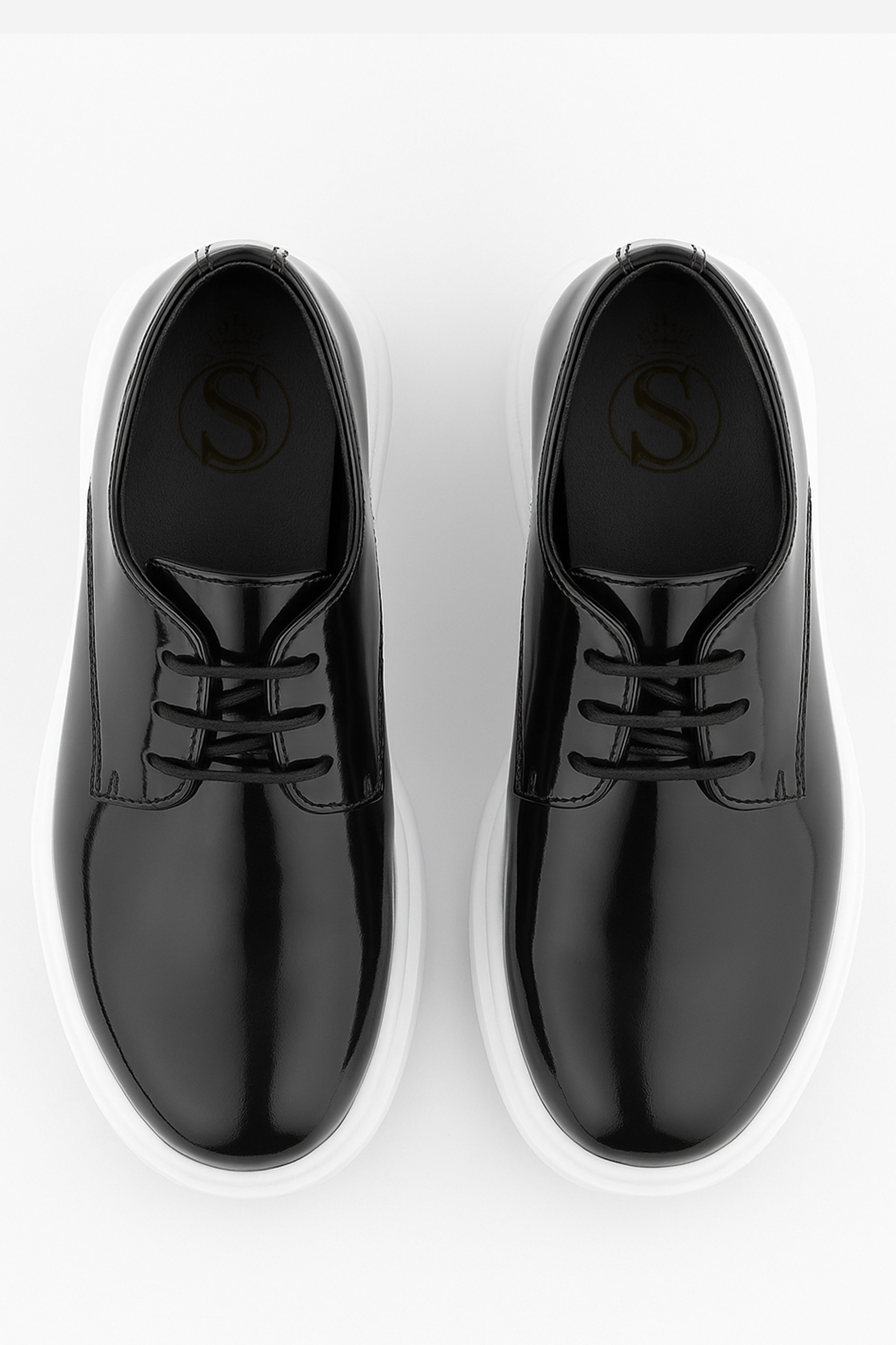 Boys Patent Black Lace-up Sneaker with White Thick Sole - Black Front Picture