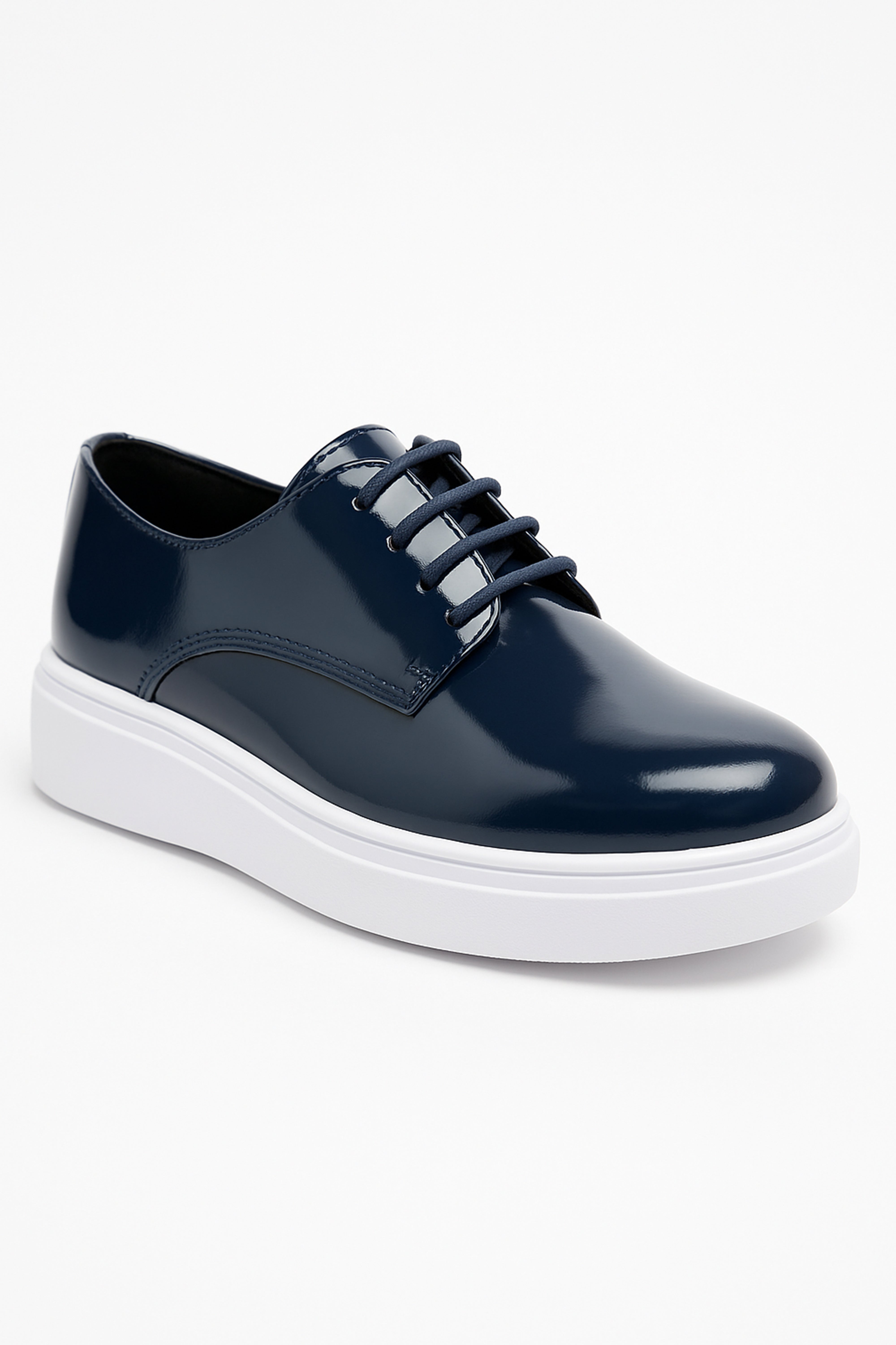 Boys Patent Black Lace-up Sneaker with White Thick Sole - Navy Side Picture