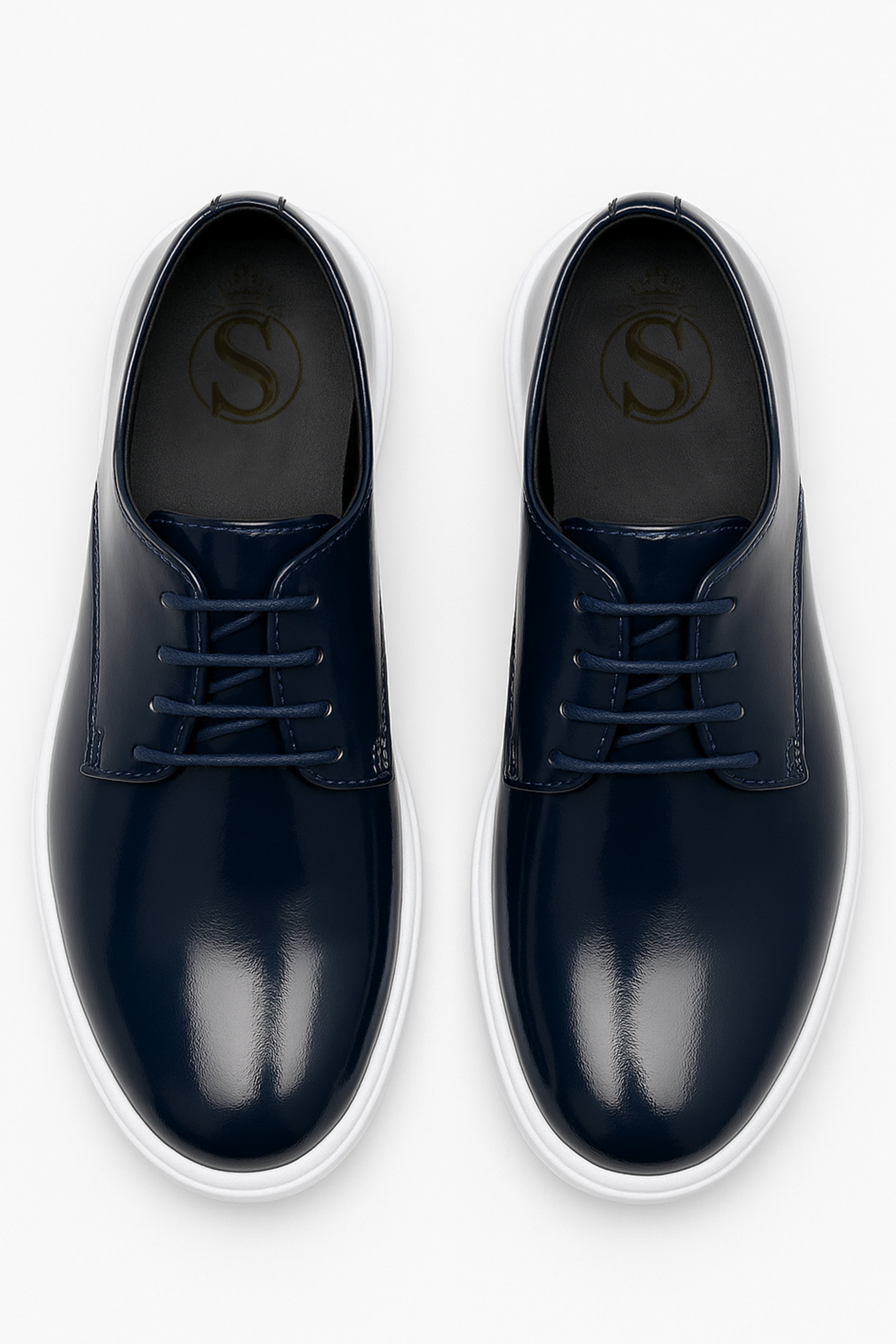 Boys Patent Black Lace-up Sneaker with White Thick Sole - Navy Front Picture
