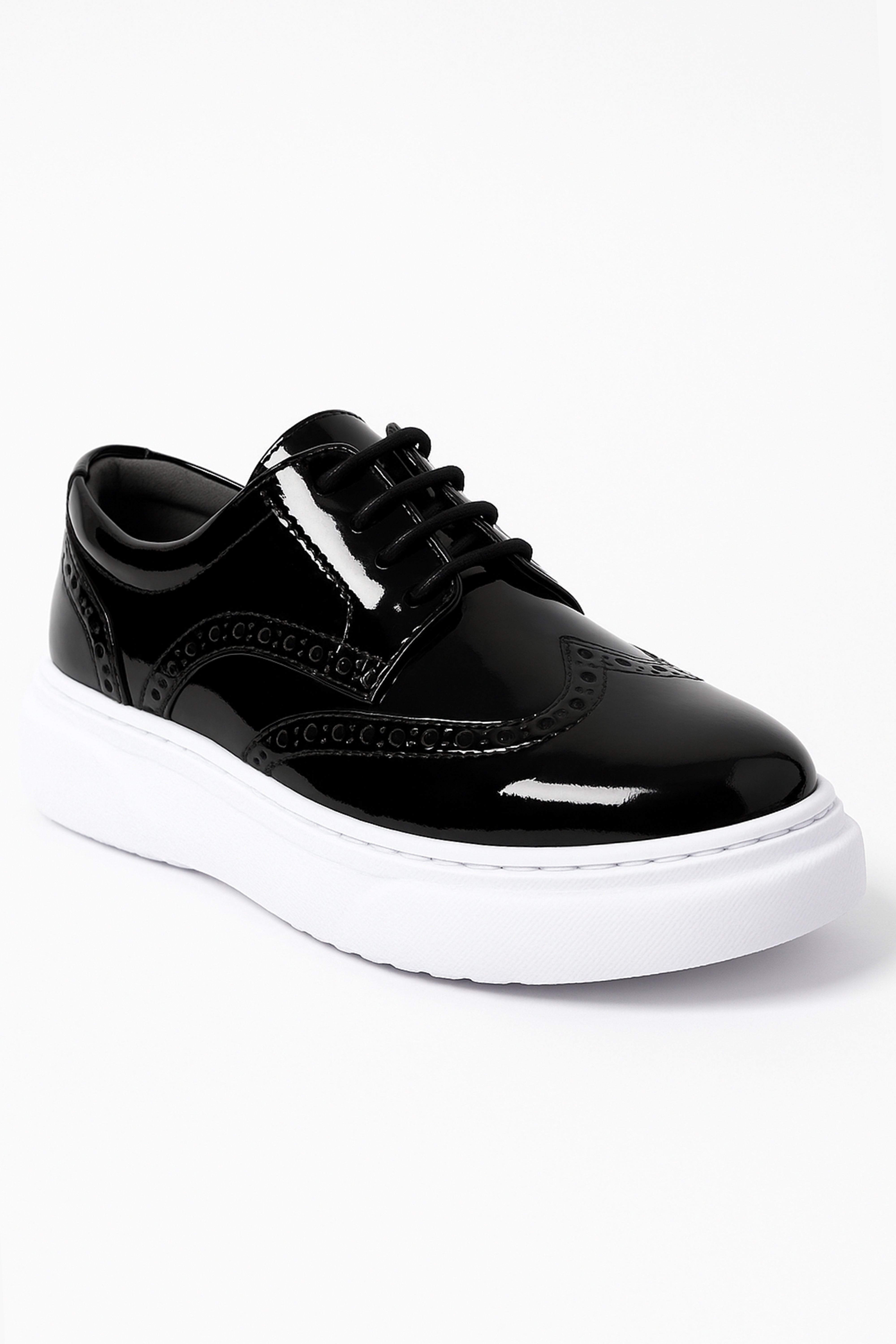 Boys Patent Brogue Lace up Thick Sole Black Shoes - Black Side Picture