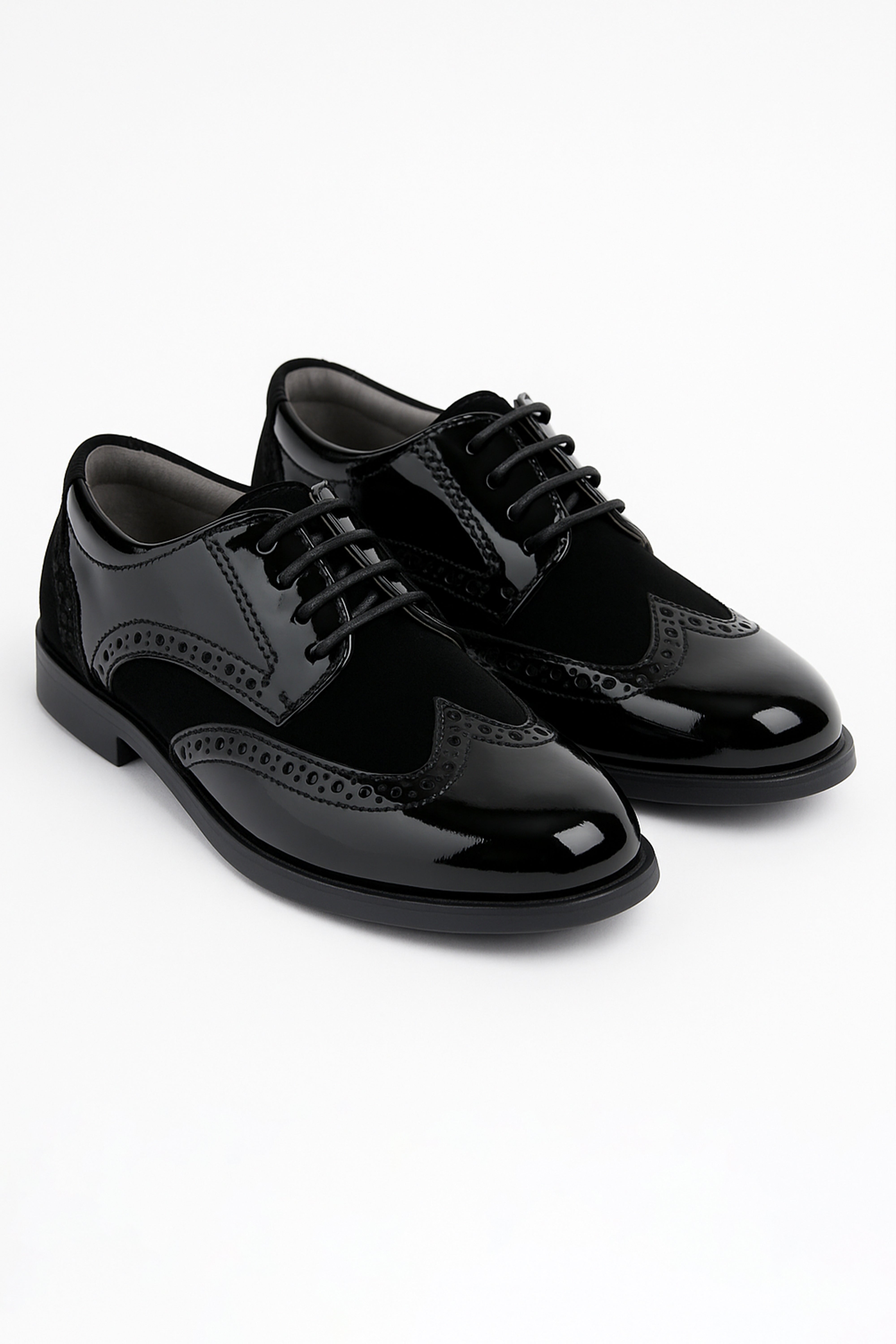 Boys Patent Leather & Suede Lace Up Brogue Derby Shoes - Black Pair Side Picture
