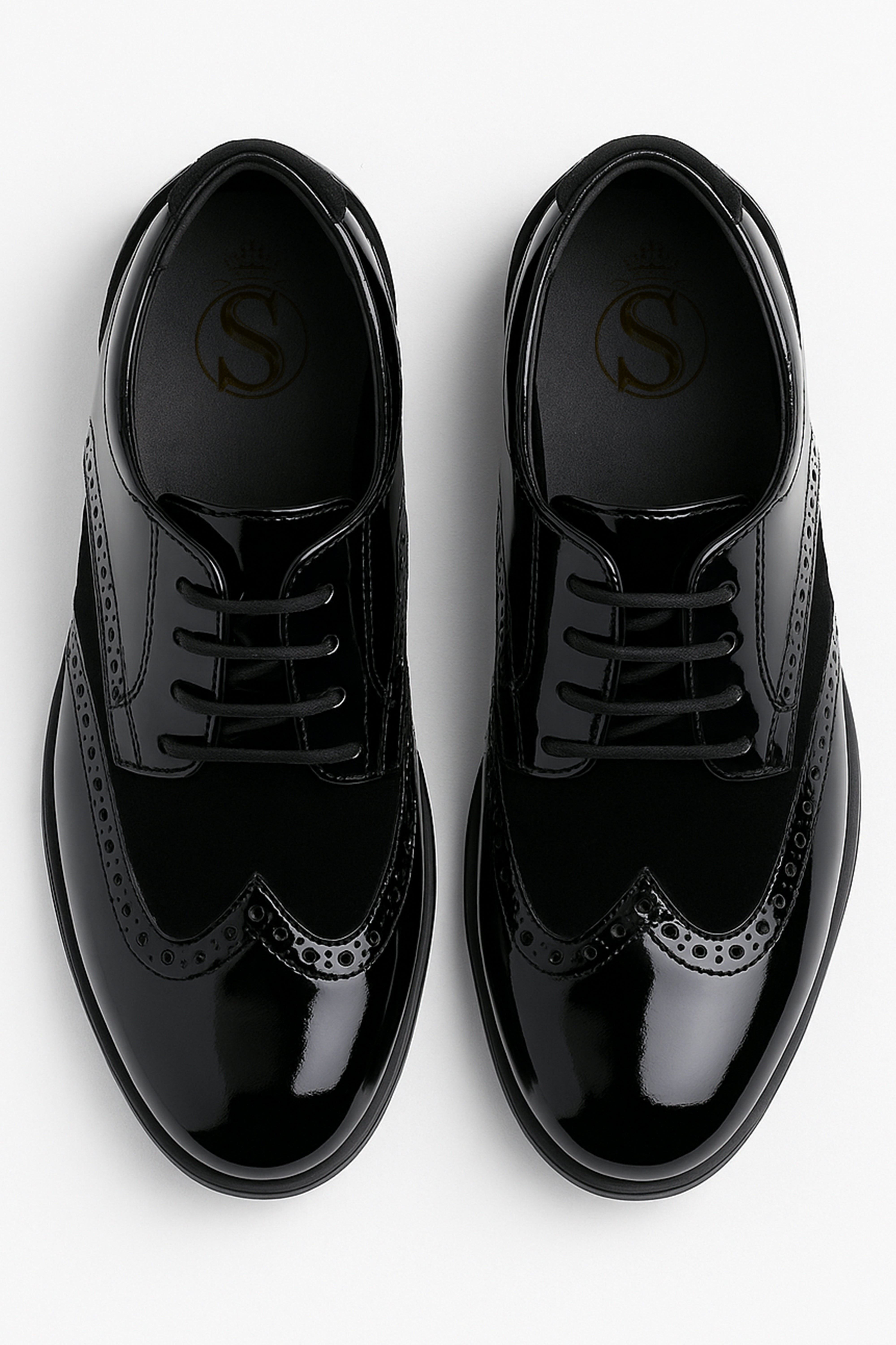 Boys Patent Leather & Suede Lace Up Brogue Derby Shoes - Black Front Picture