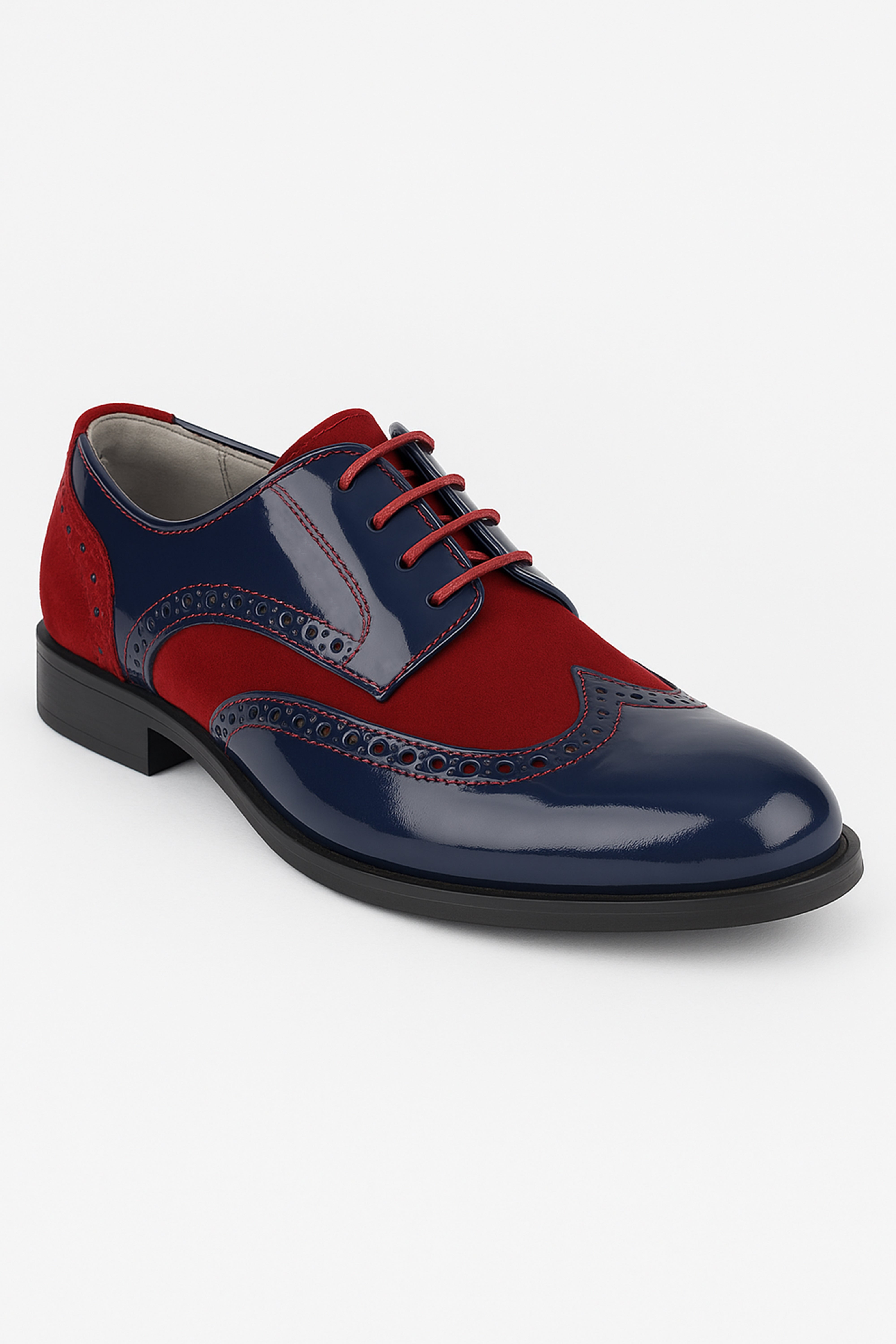 Boys Patent Leather & Suede Lace Up Brogue Derby Shoes - Navy Blue - Burgundy Side Picture
