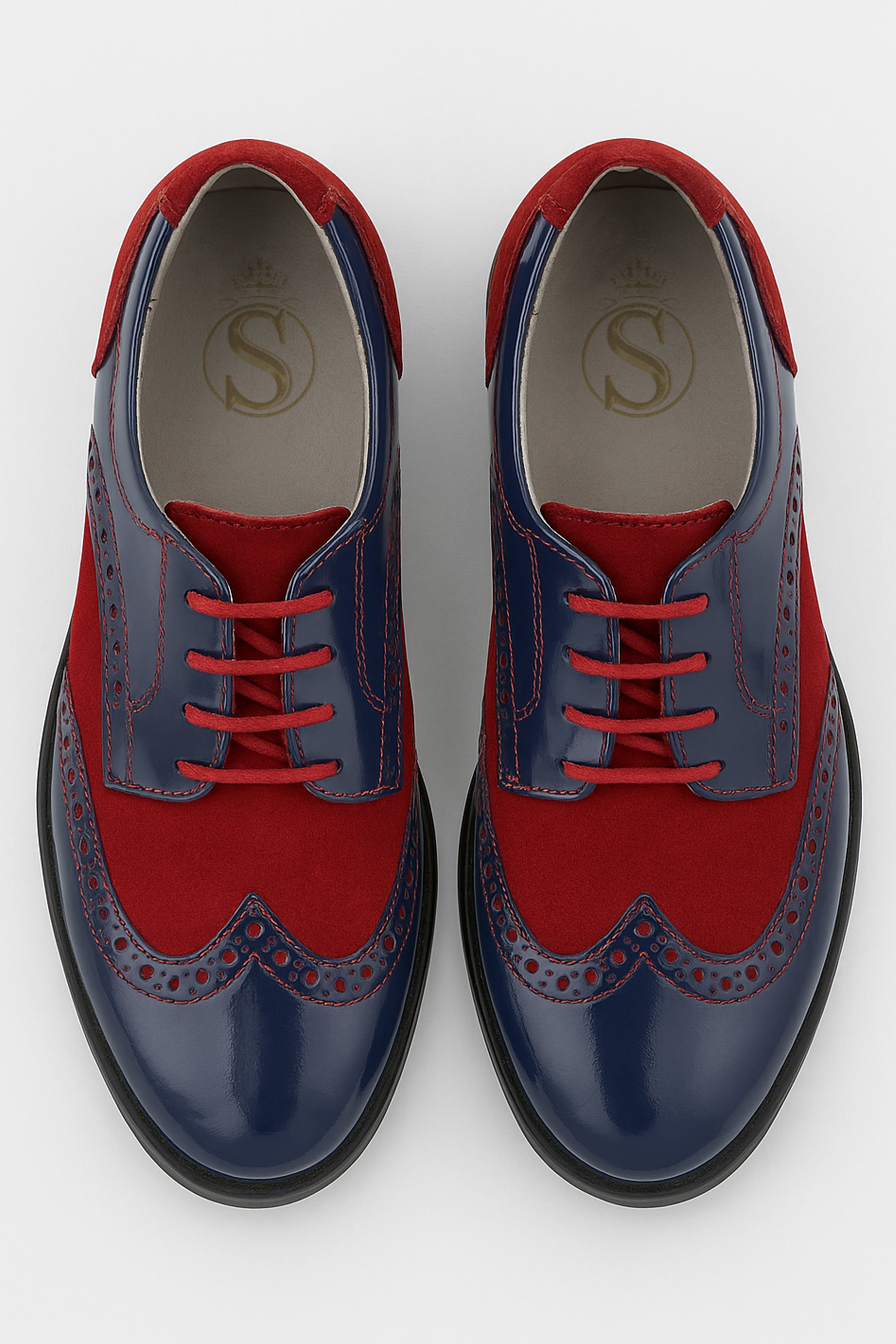 Boys Patent Leather & Suede Lace Up Brogue Derby Shoes - Navy Blue - Burgundy Front Picture