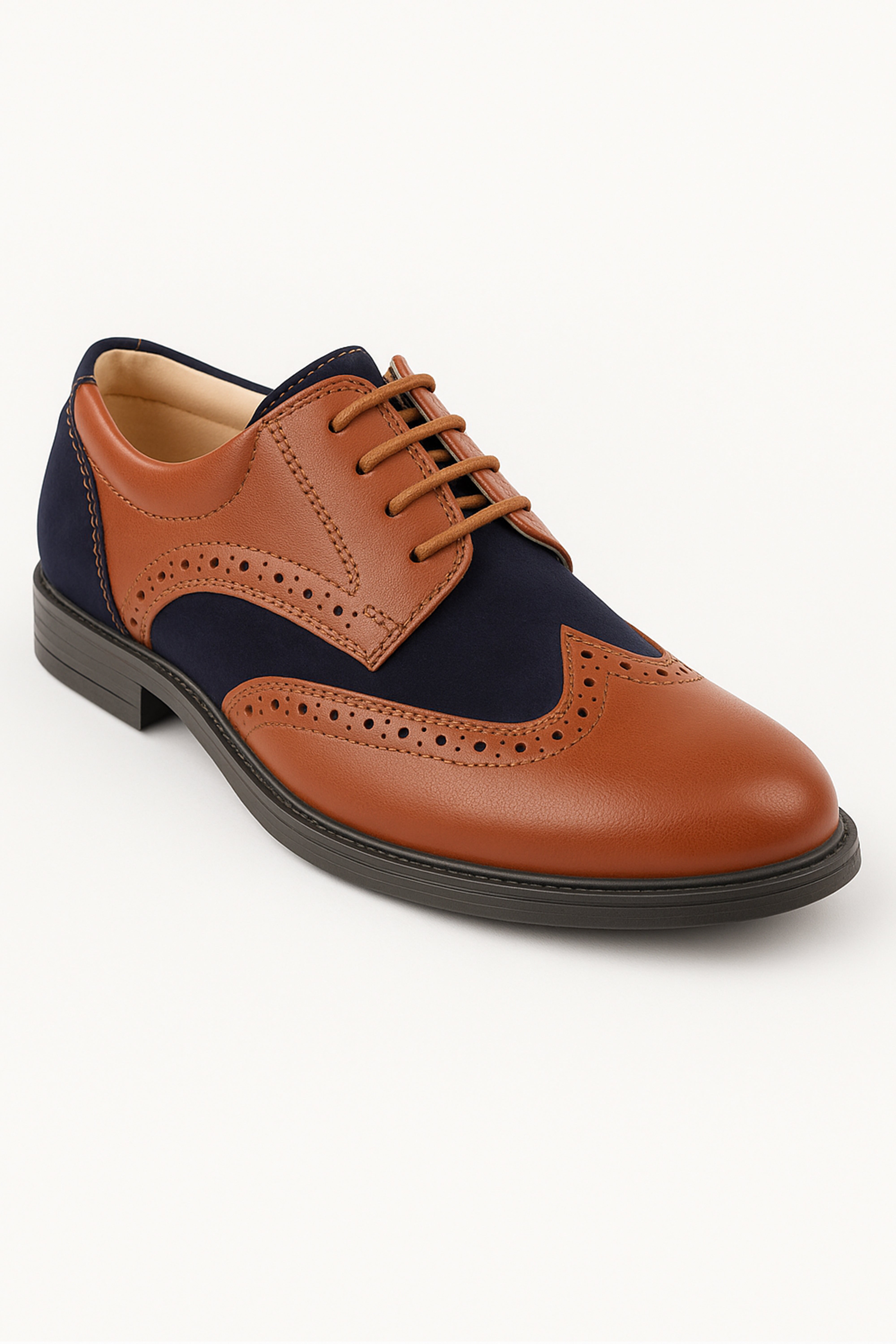 Boys Patent Leather & Suede Lace Up Brogue Derby Shoes - Tan Brown - Navy Blue Side Picture