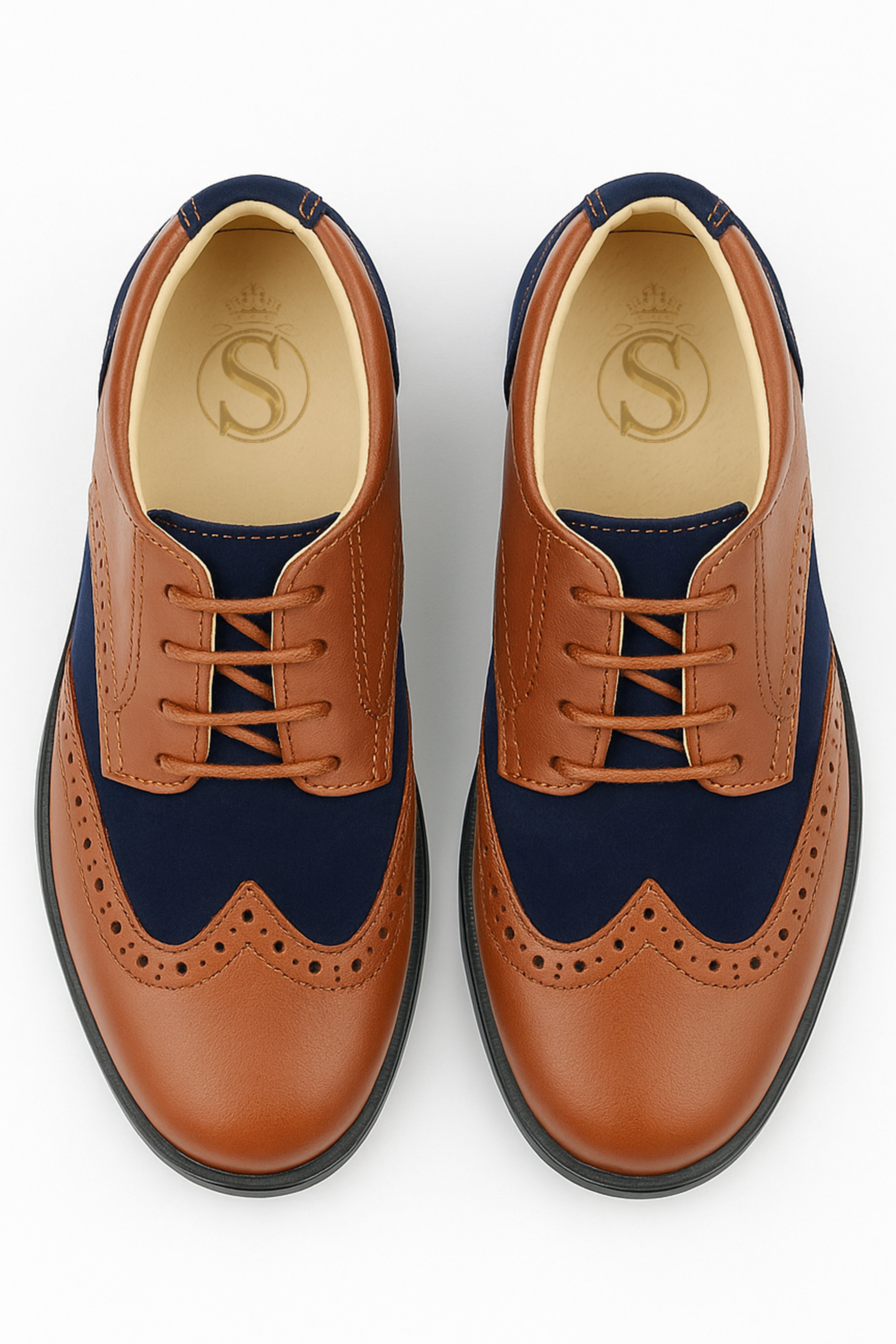 Boys Patent Leather & Suede Lace Up Brogue Derby Shoes - Tan Brown - Navy Blue Front Picture