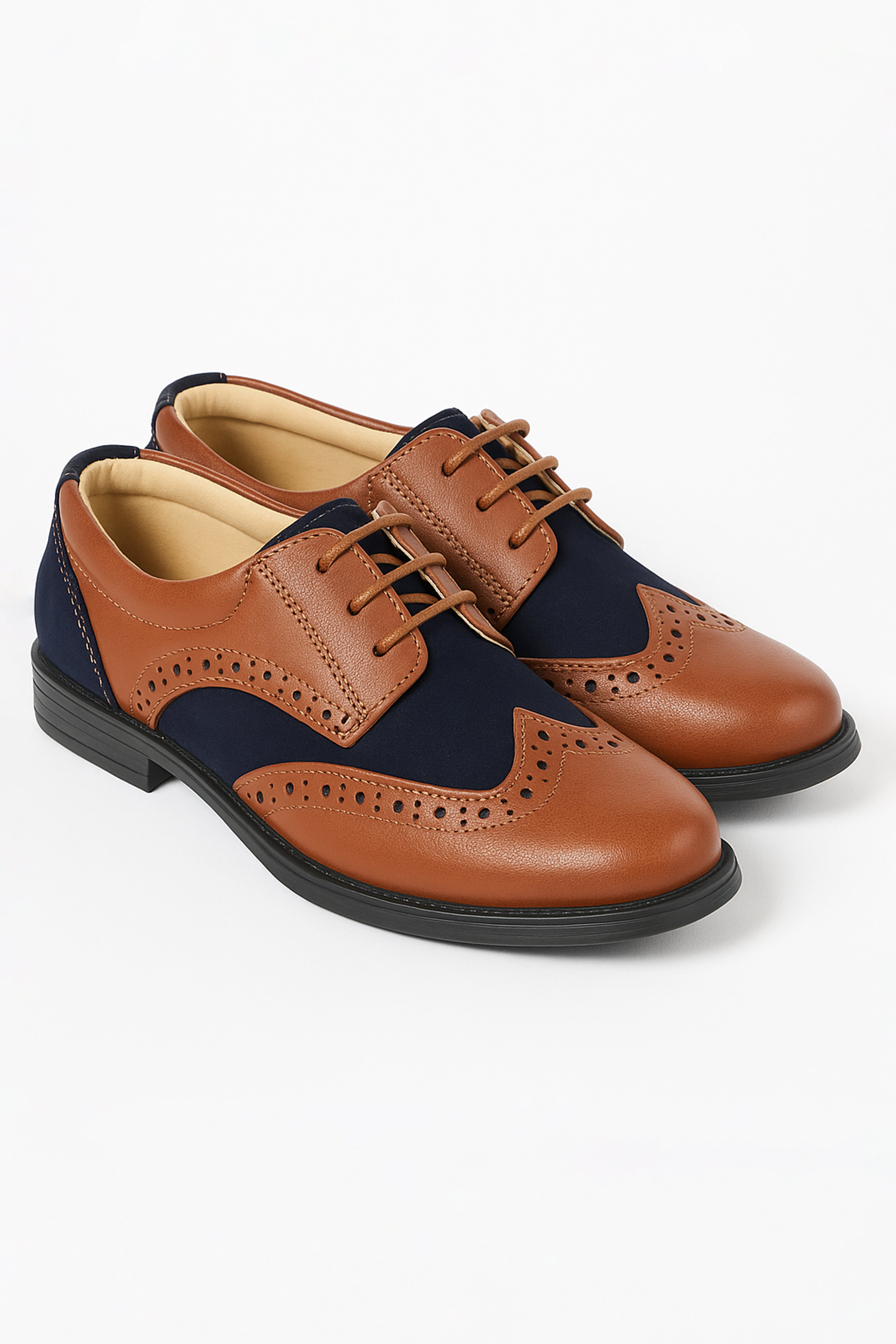 Boys Patent Leather & Suede Lace Up Brogue Derby Shoes - Tan Brown - Navy Blue Pair Side