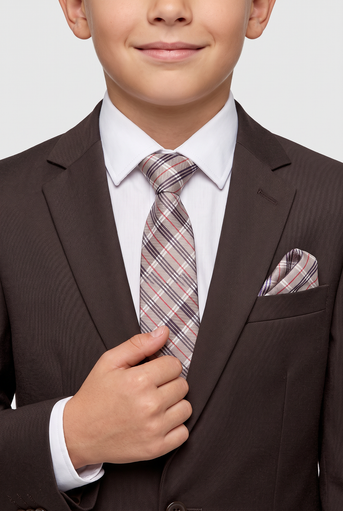 Boys Plaid Checkered Tie & Hankie Set - Beige - Red and Black
