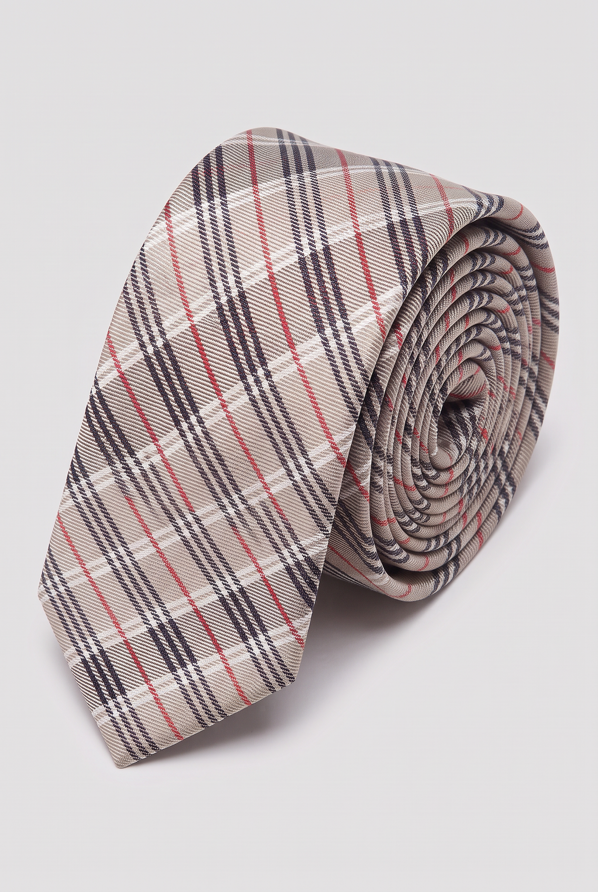 Boys Plaid Checkered Tie & Hankie Set - Beige - Red and Black