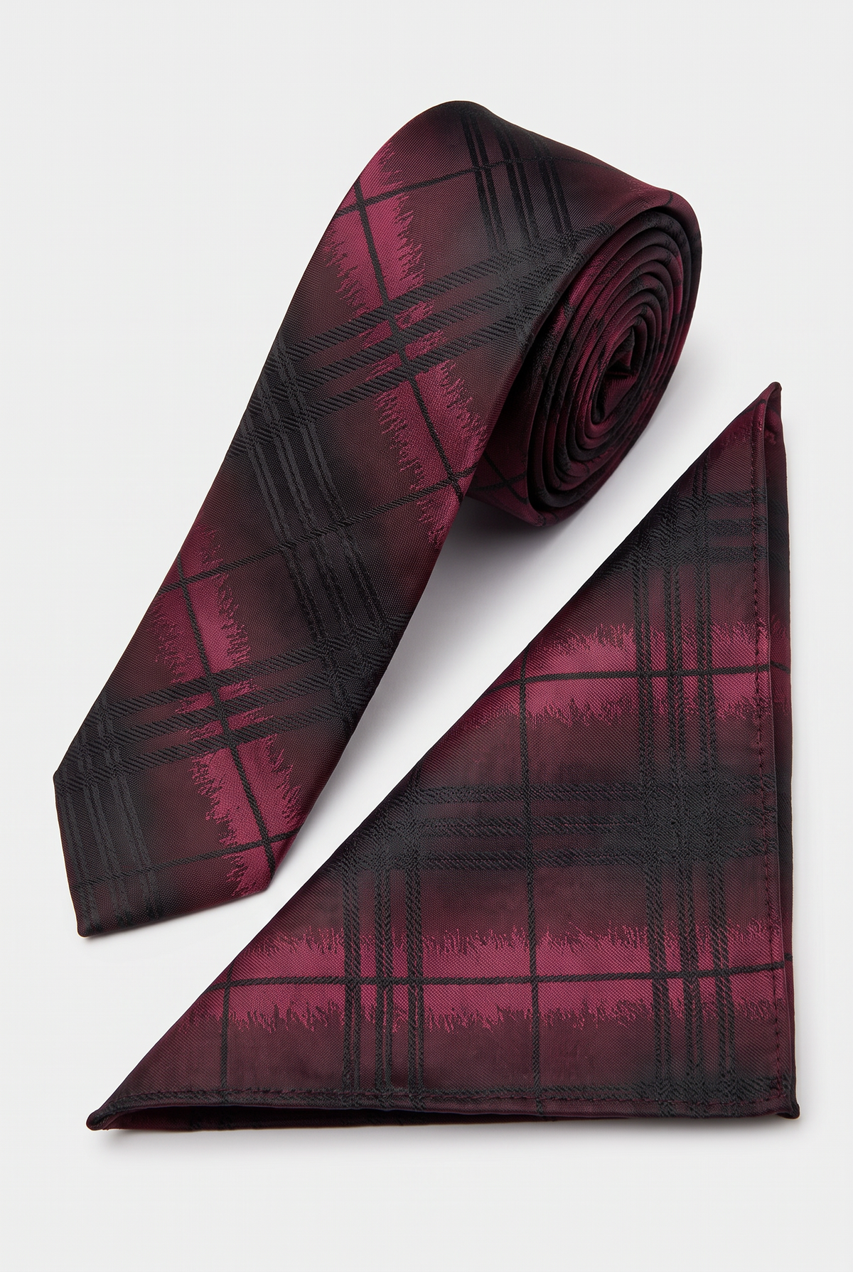 Boys Plaid Checkered Tie & Hankie Set Black and Red
