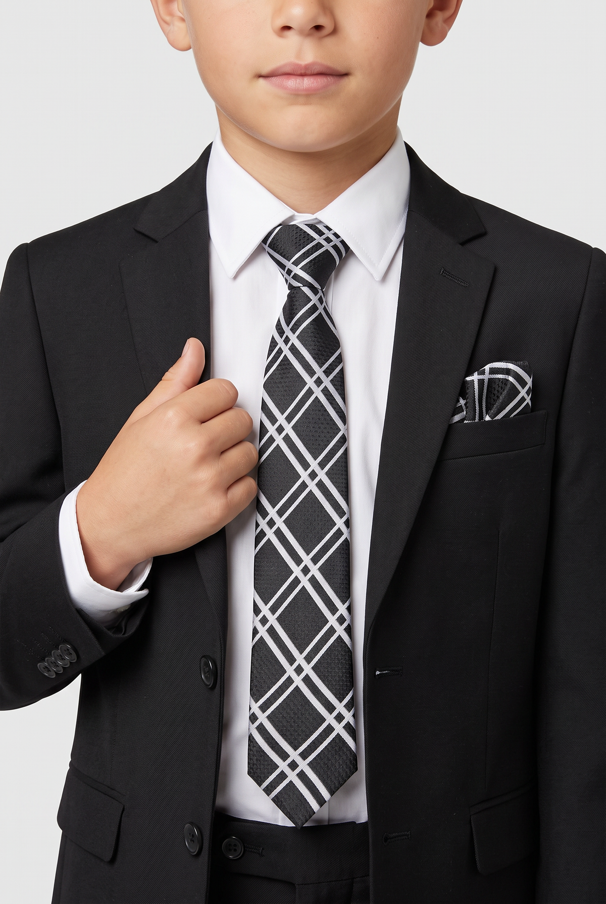 Boys Plaid Checkered Tie & Hankie Set Black and White