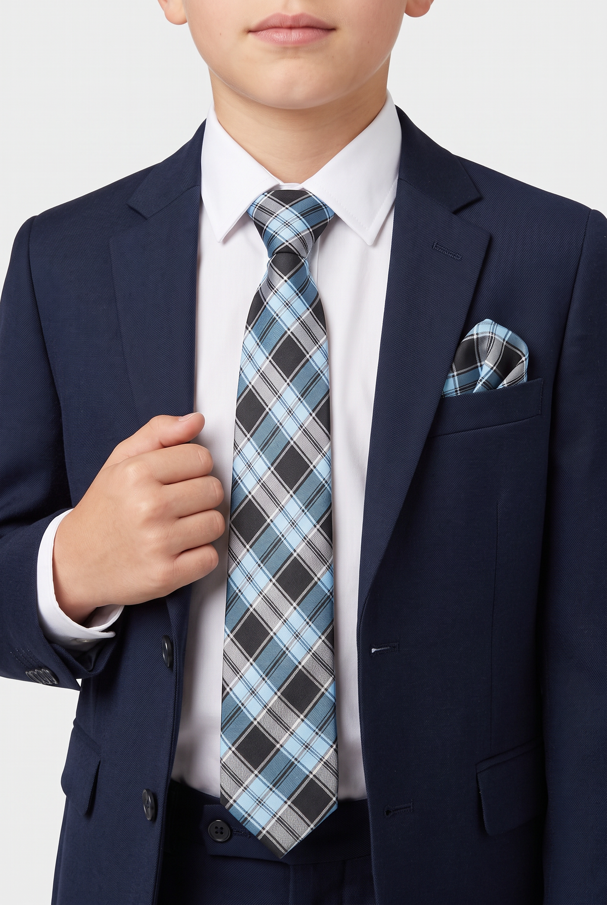 Boys Plaid Checkered Tie & Hankie Set Blue and Black