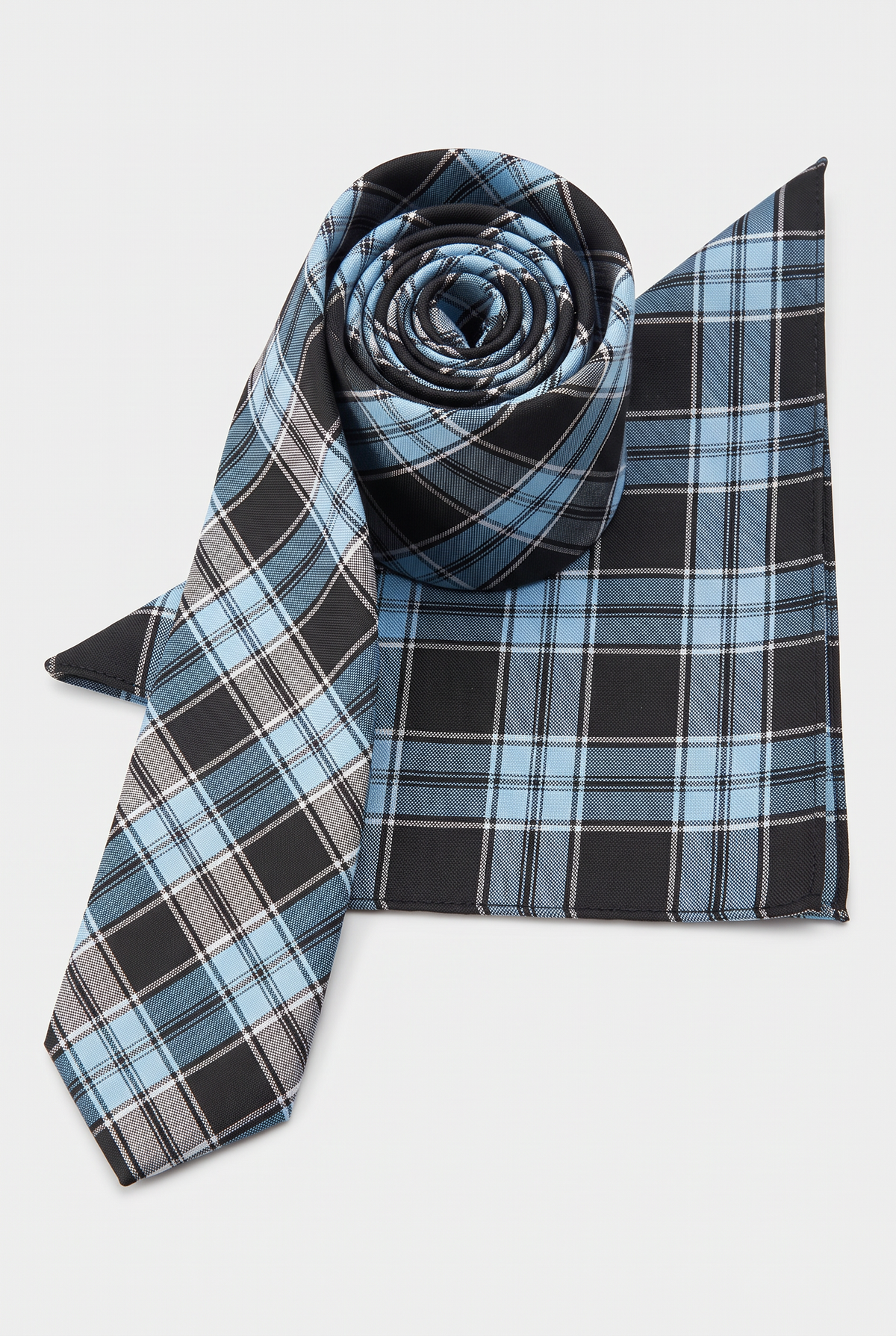 Boys Plaid Checkered Tie & Hankie Set Blue and Black