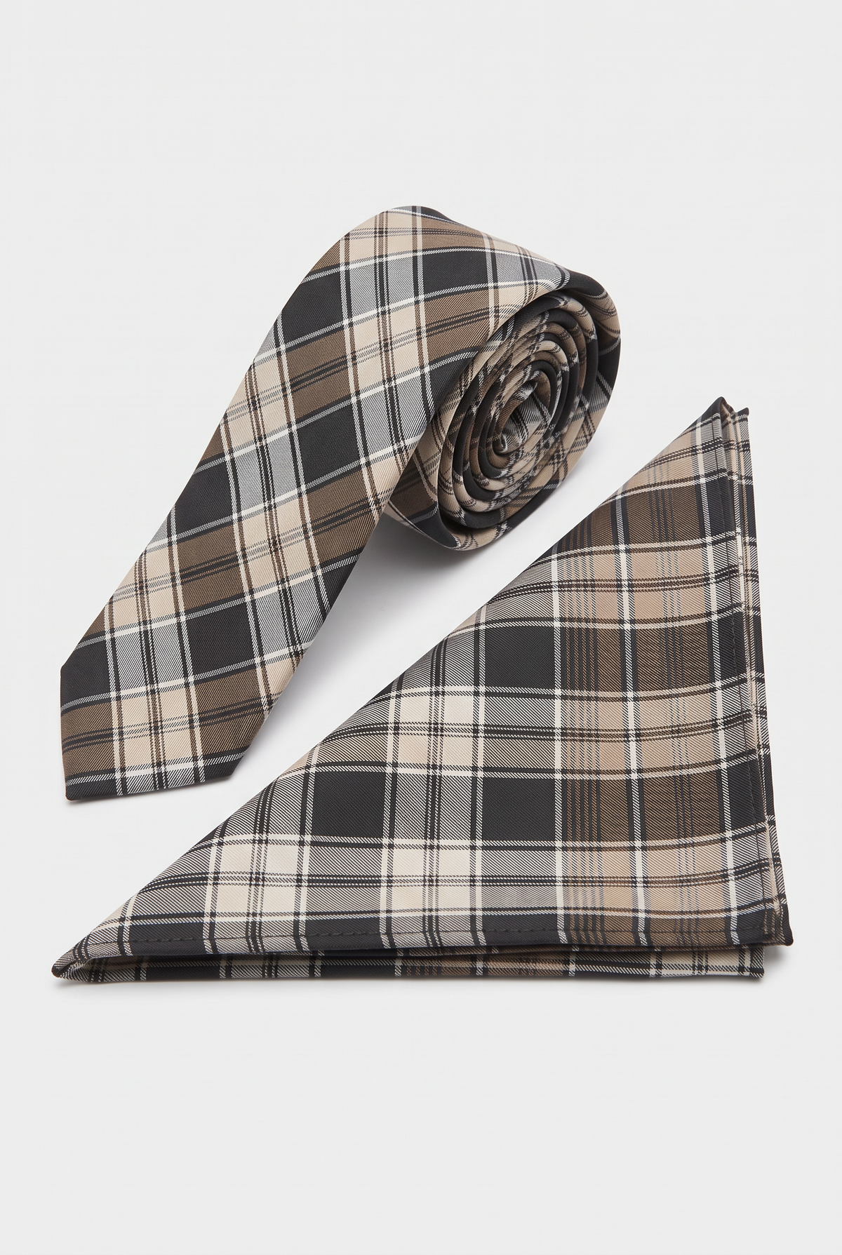 Boys Plaid Checkered Tie & Hankie Set Brown and Beige