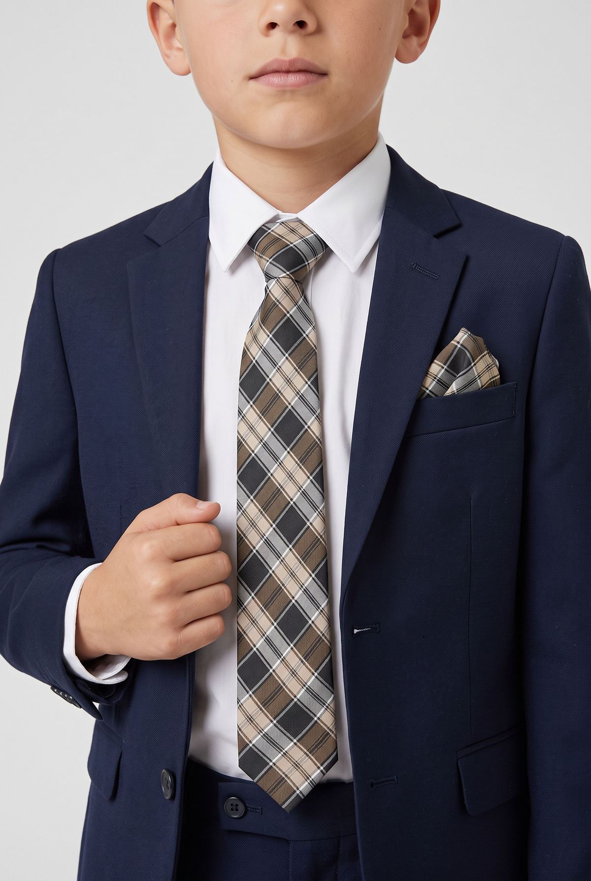 Boys Plaid Checkered Tie & Hankie Set Brown and Beige